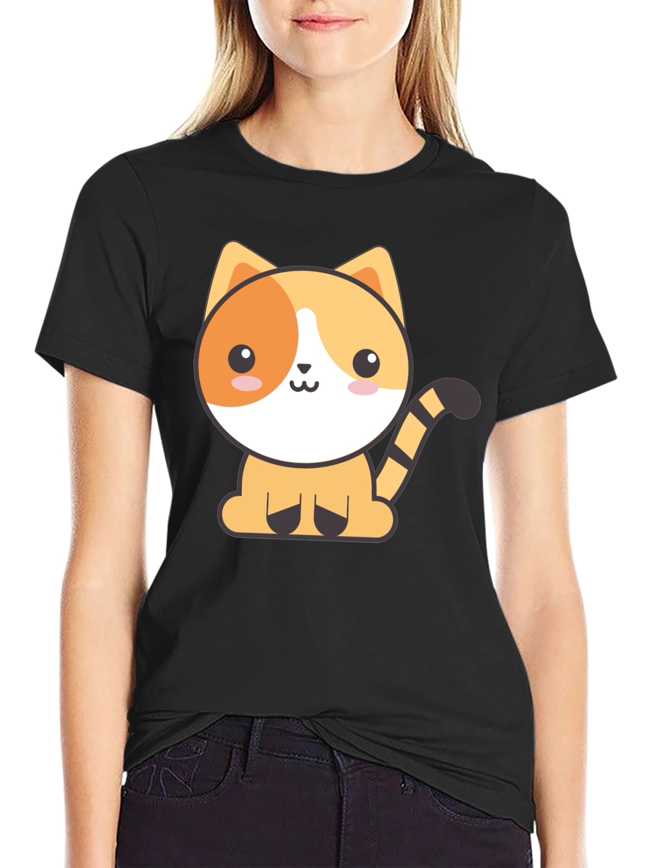Black Cute Cartoon Cat Black T-Shirt view 2