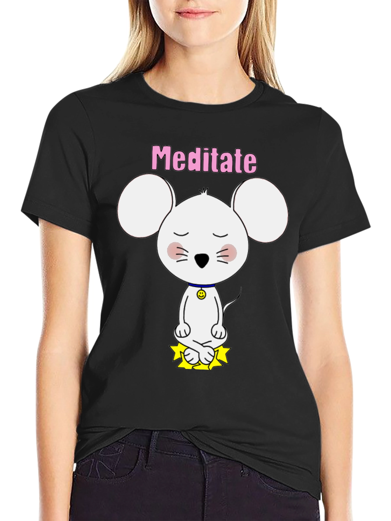Black Meditate Mouse T-Shirt - Cute Yoga Cartoon Tee view 2