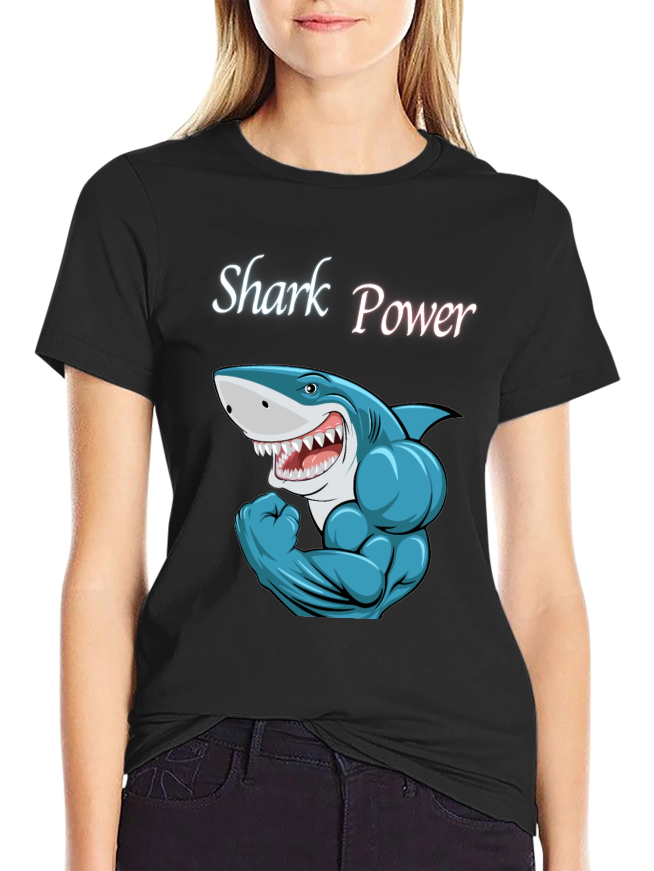 Black Shark Power Black T-Shirt - Muscular Cartoon Shark Design view 2