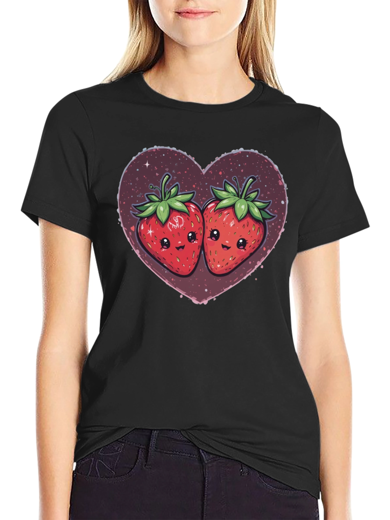 Black Strawberry Heart Kawaii Graphic Tee view 2