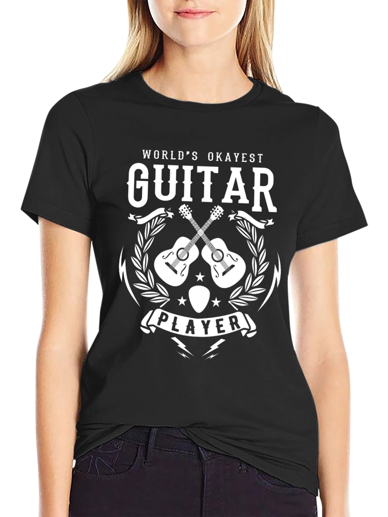 Black World's Okayest Guitar Player T-Shirt view 2