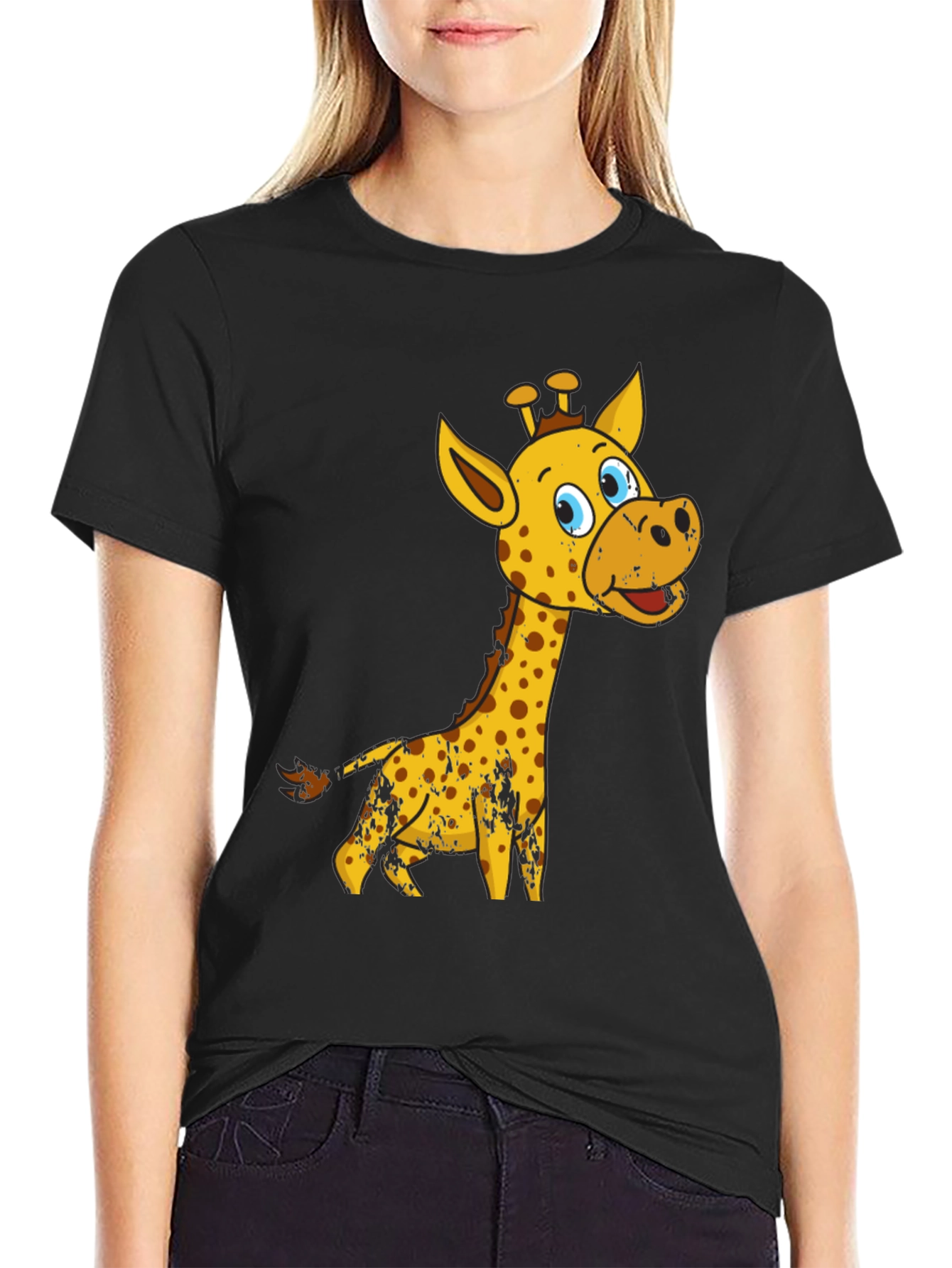 Black Giraffe Cartoon Graphic Tee - Black Cotton Shirt view 2