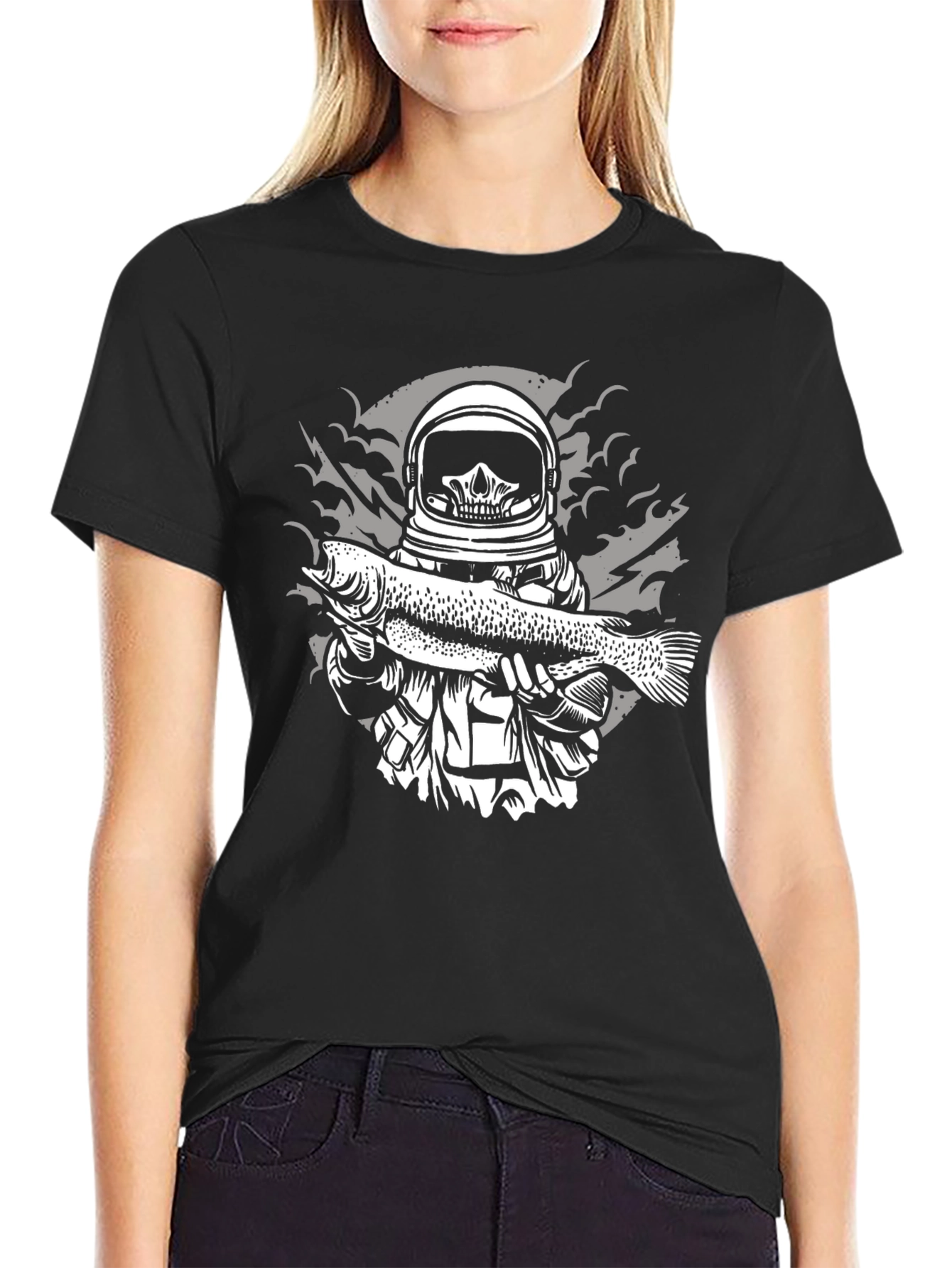Black Astronaut Skeleton Fish Graphic Tee - Black view 2