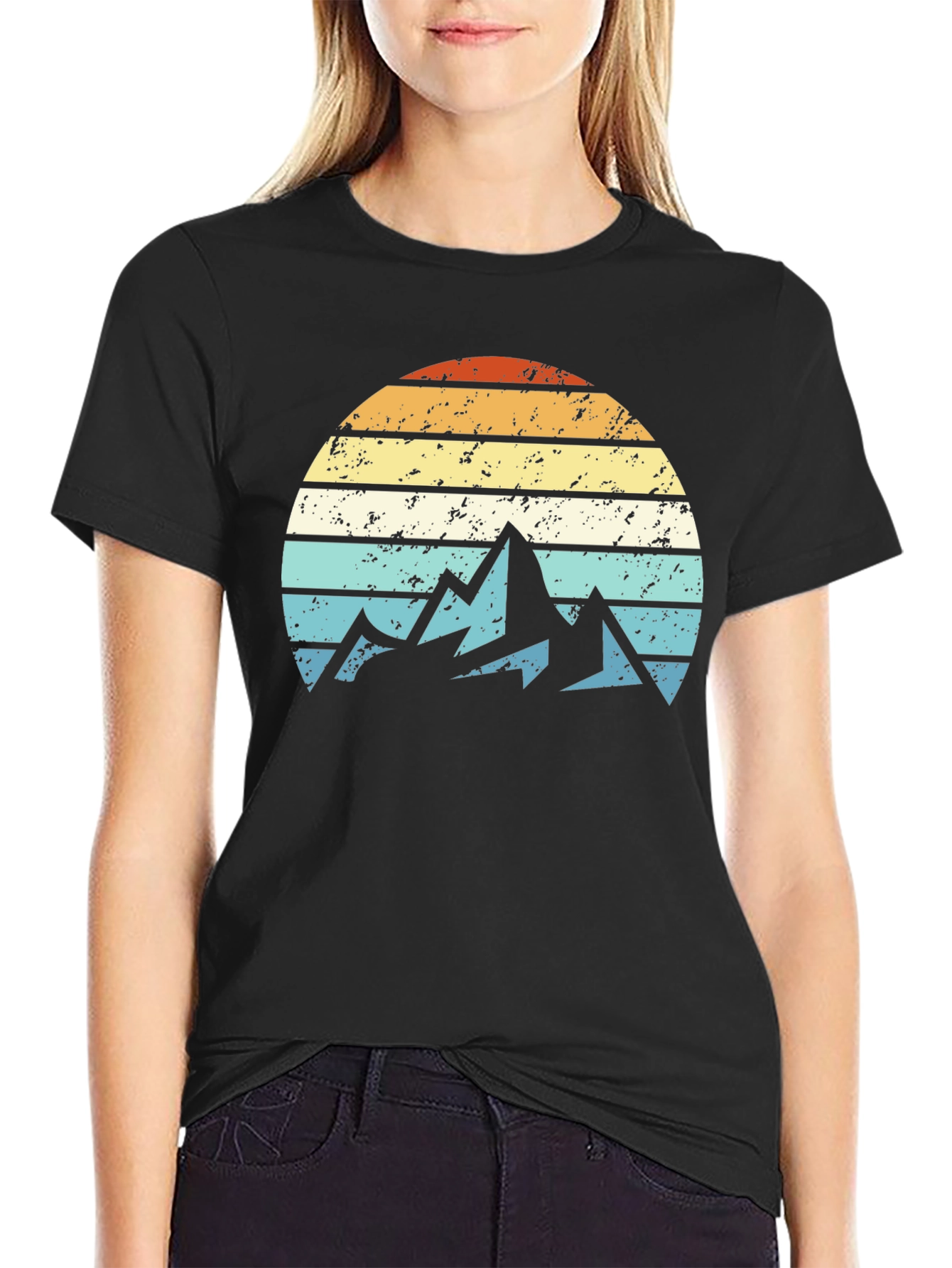 Black Retro Mountain Sunset Graphic T-Shirt view 2