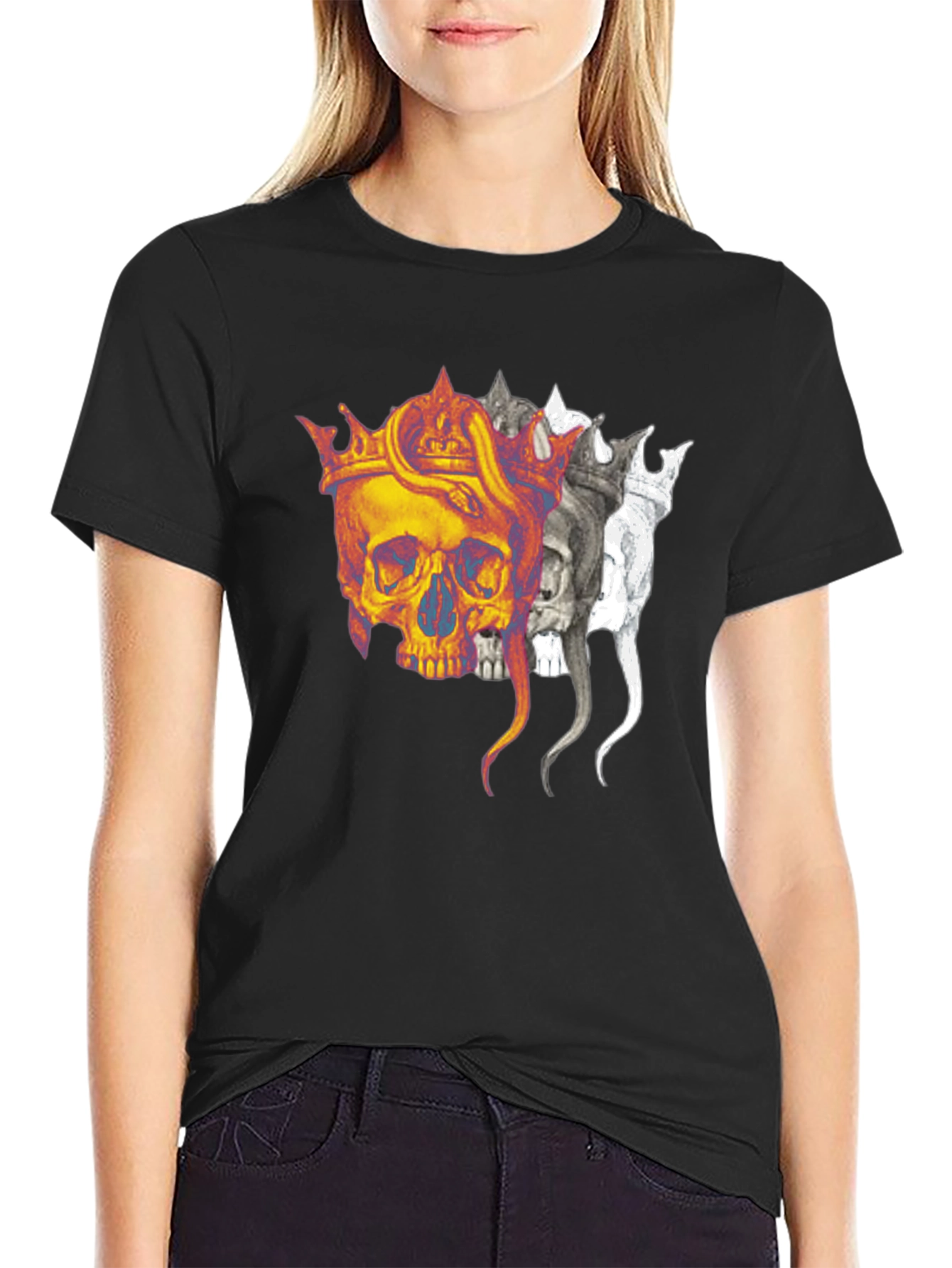 Black Skull Crown Graphic Print Black T-Shirt view 2