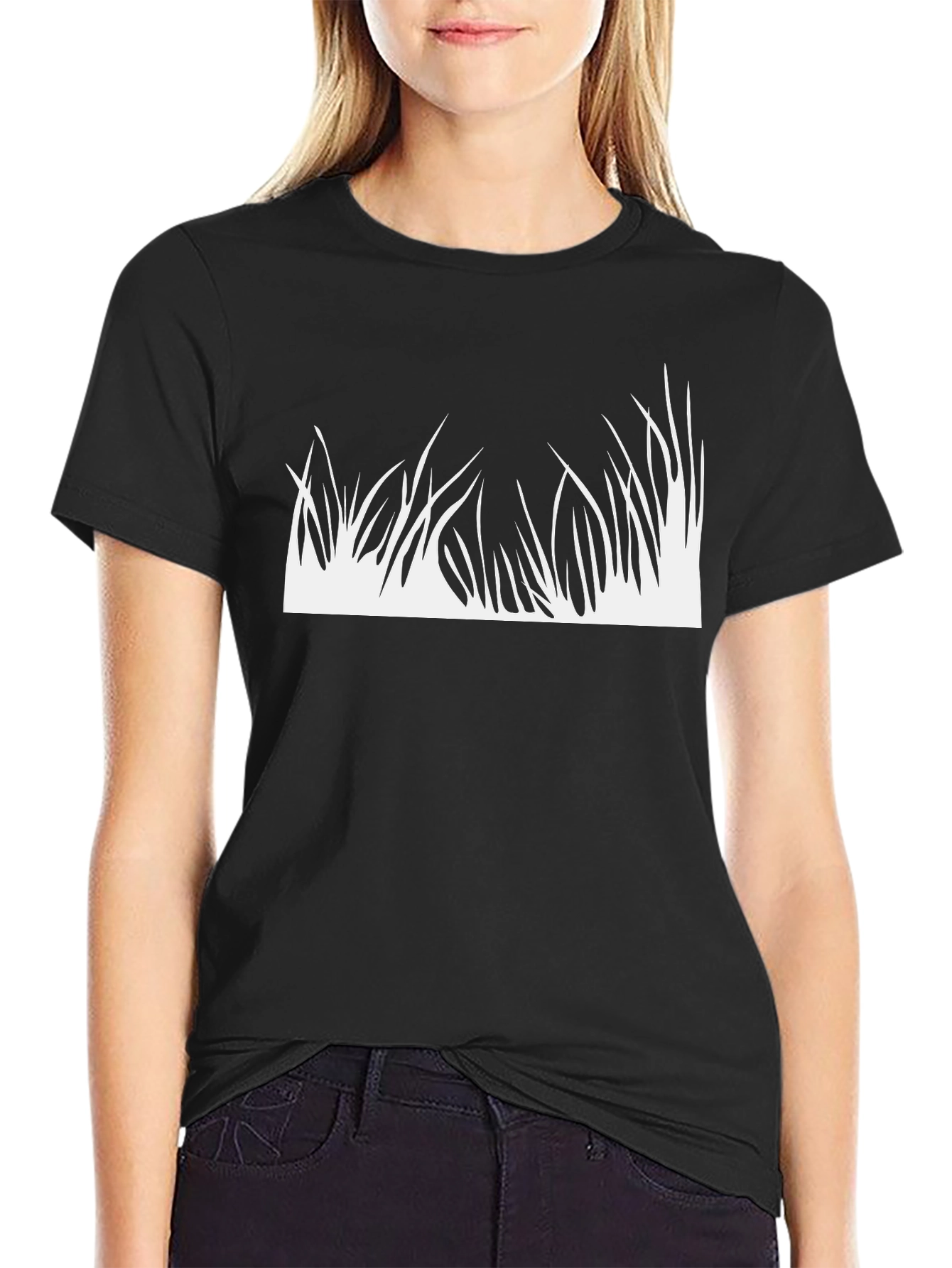 Black Black T-Shirt with White Grass Design view 2