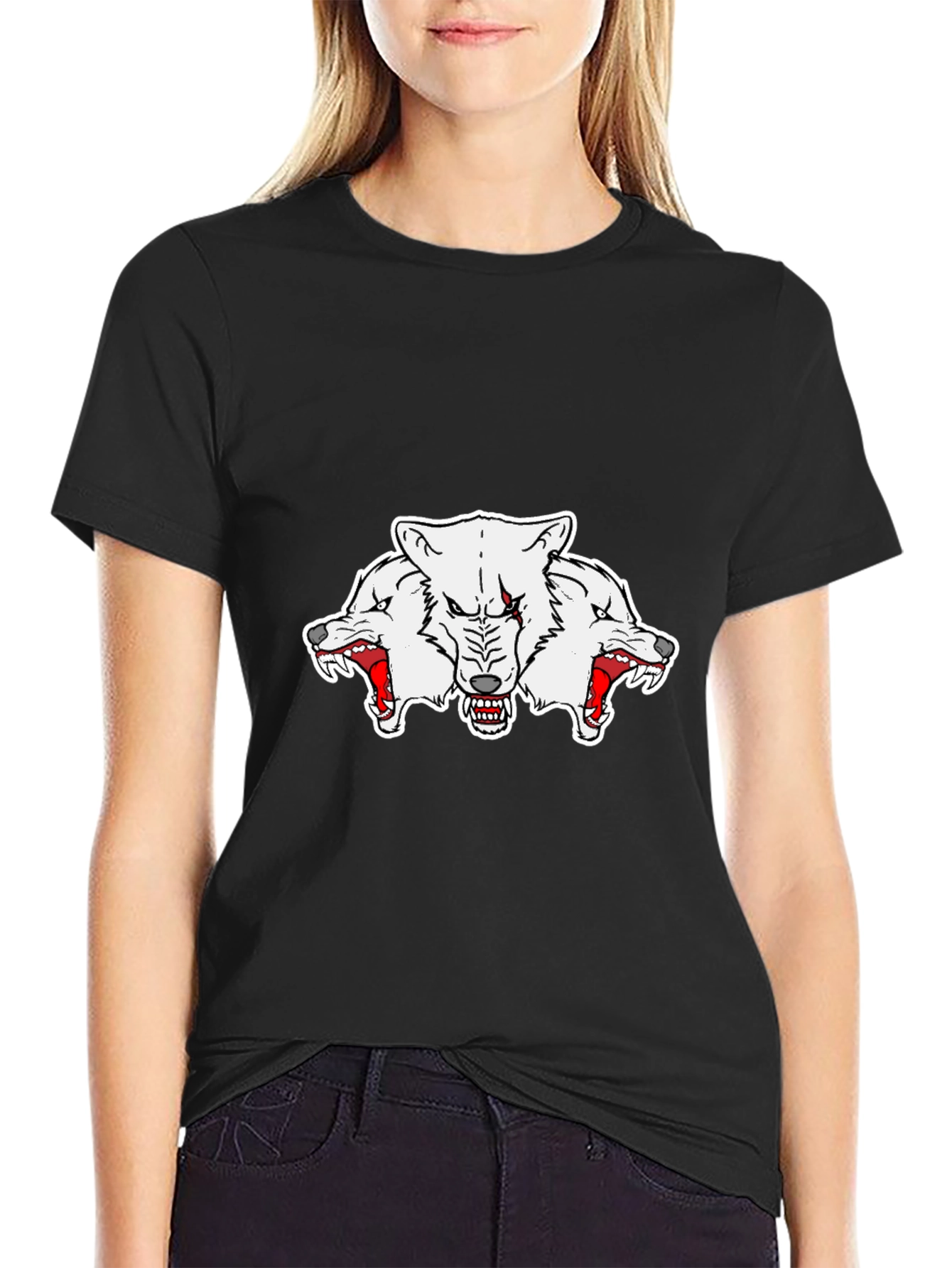 Black Three-Headed Wolf Graphic Tee - Black view 2