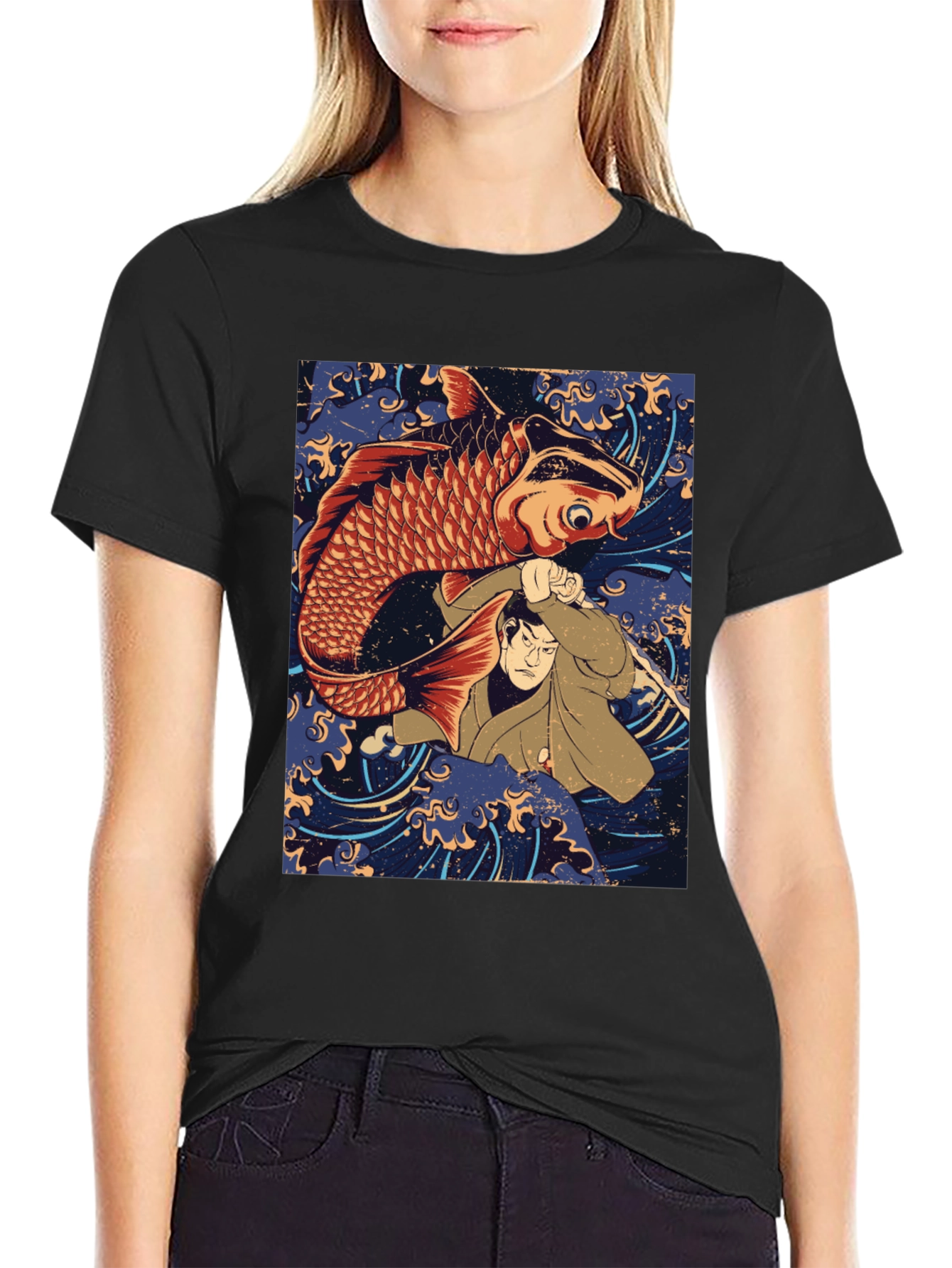 Black Koi Fish & Samurai T-Shirt - Graphic Tee view 2