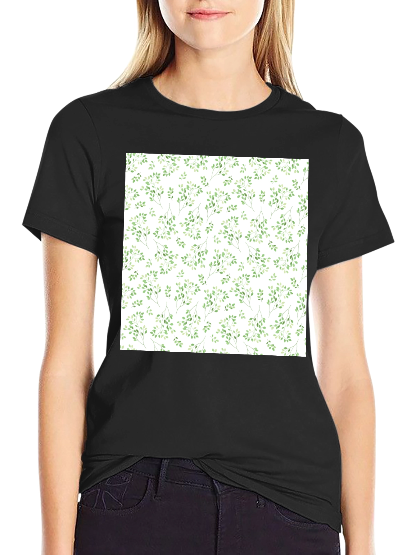 Black Green Leaves Patterned Black T-Shirt view 2