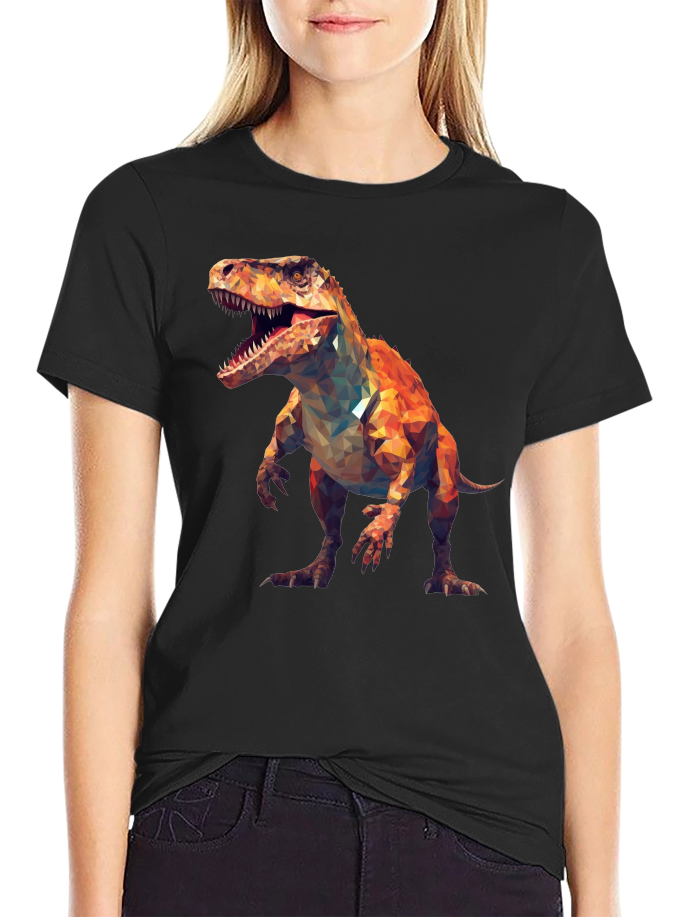 Black Geometric Dinosaur T-Shirt - Black Cotton Tee view 2