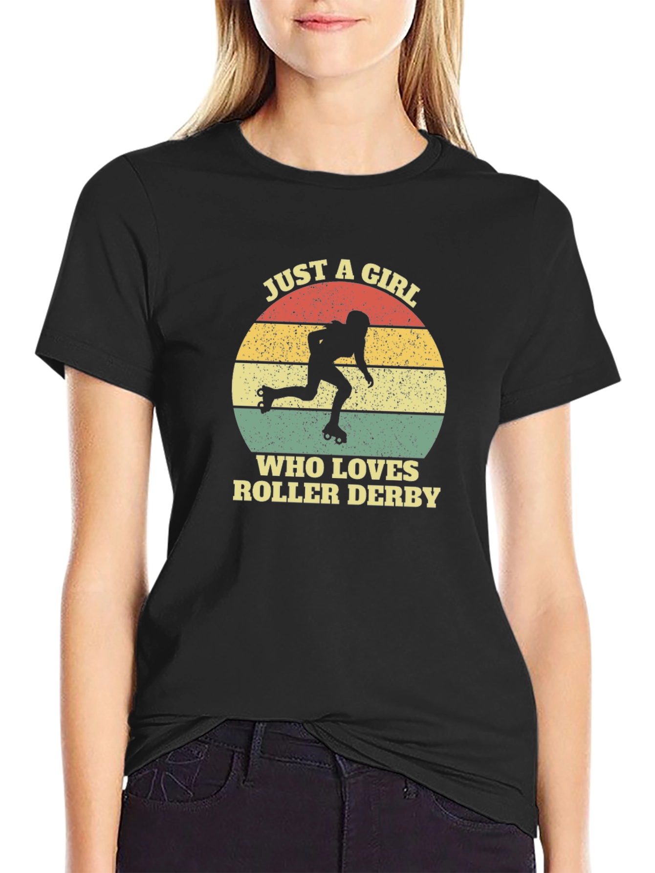 Black Roller Derby Girl T-Shirt Vintage Sunset Design view 2