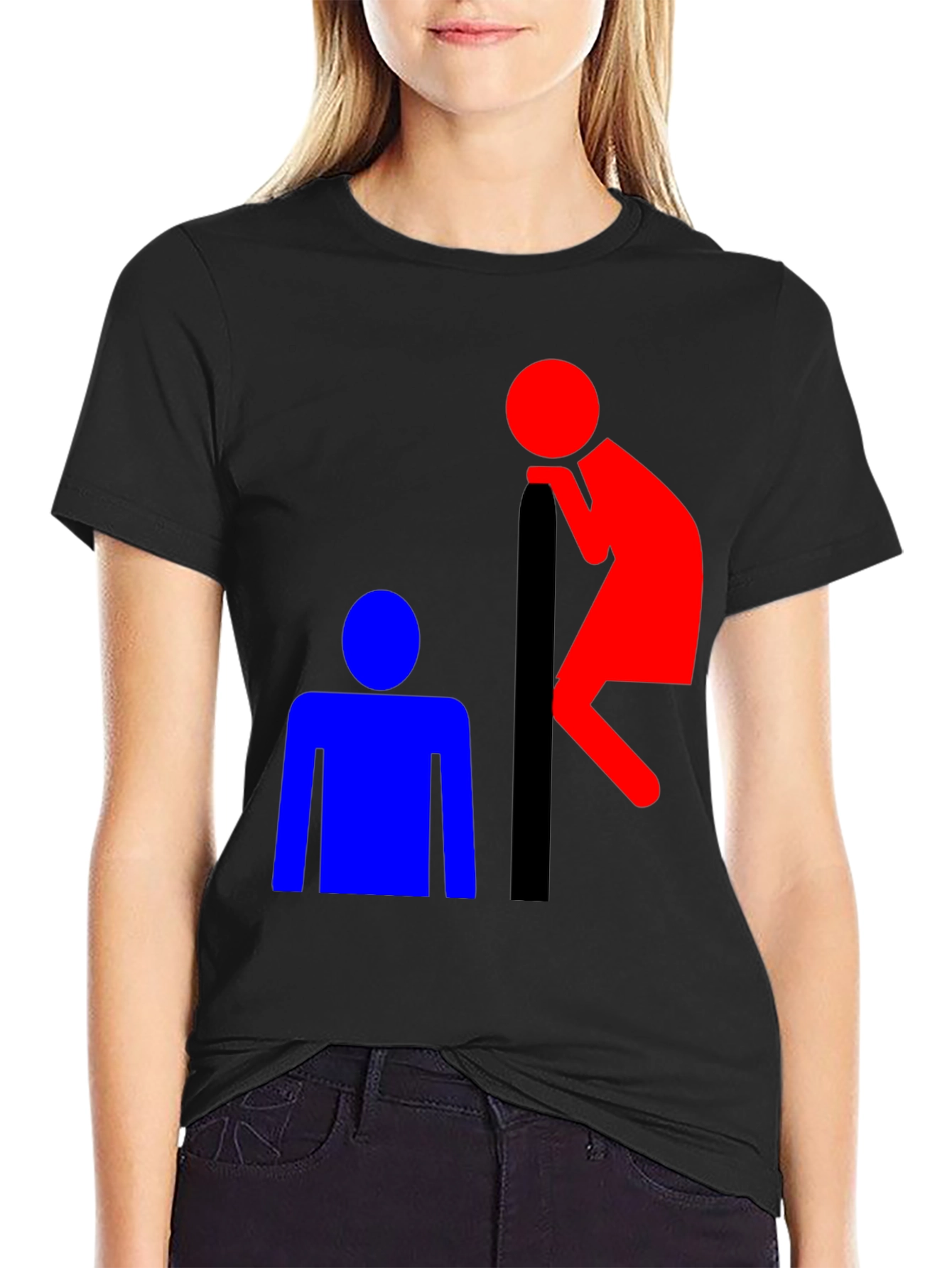 Black Funny T-Shirt: Red Peeping Tom and Blue Figure view 2