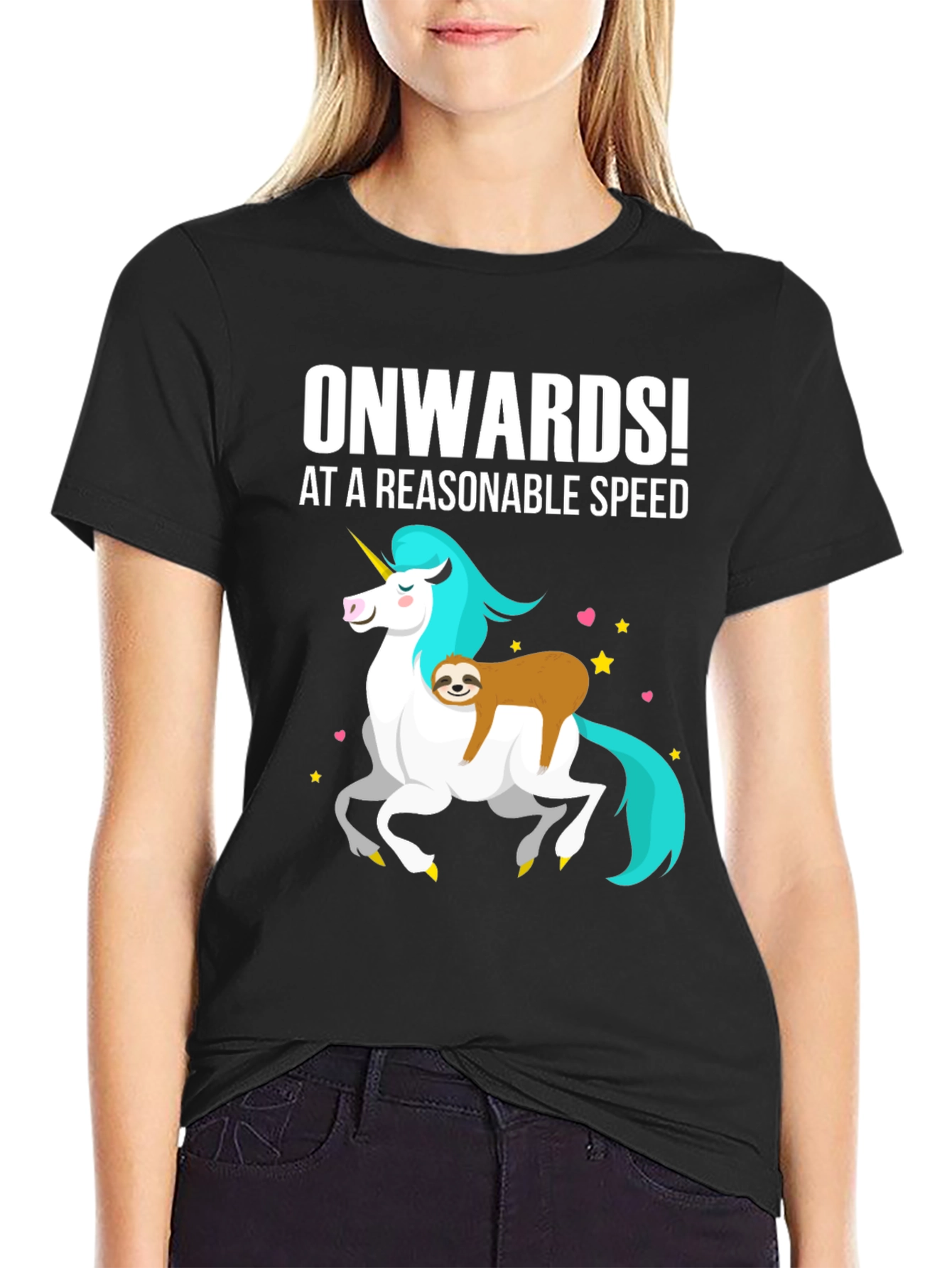 Black Onwards! Sloth Riding Unicorn Graphic Tee view 2