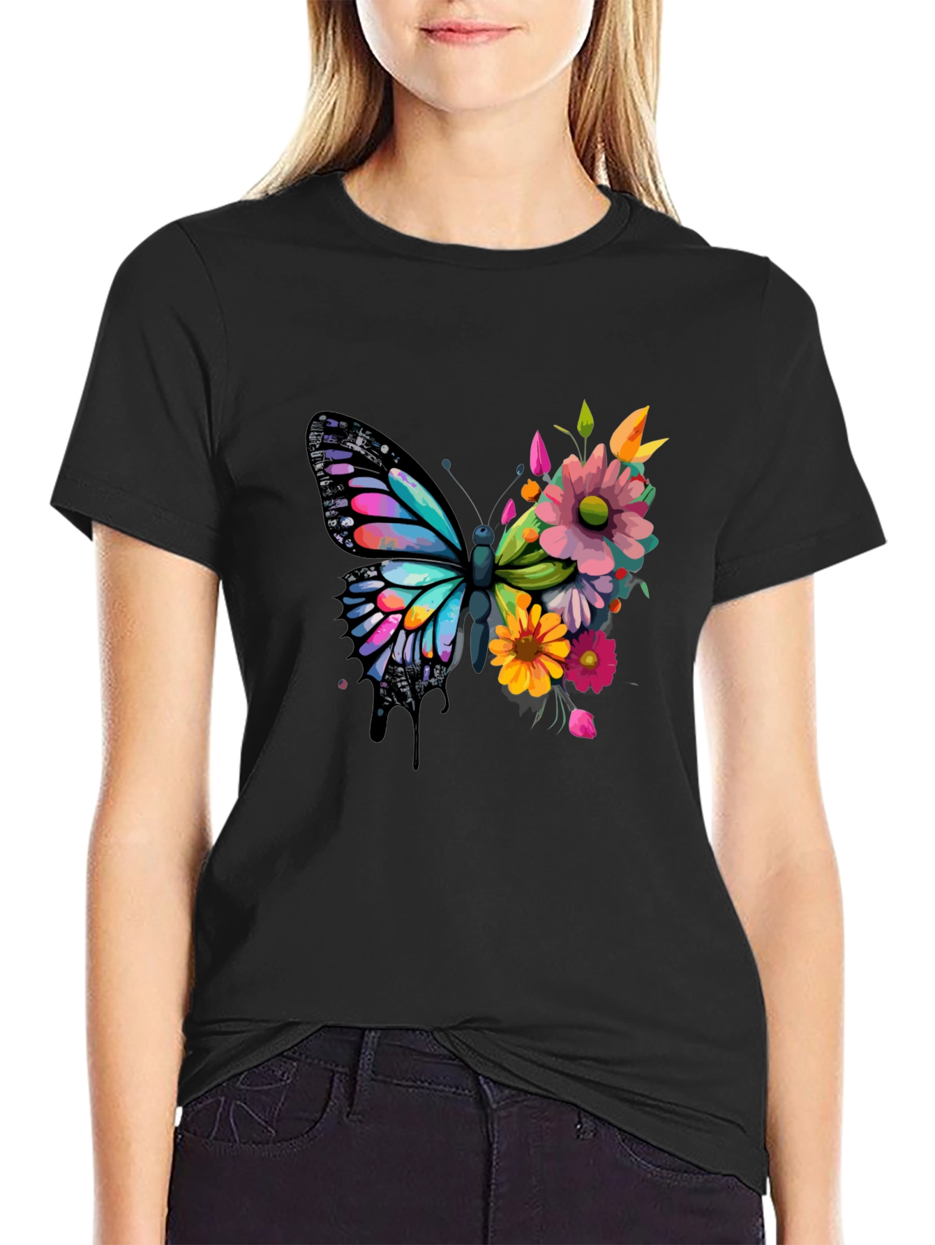 Black Butterfly Floral Graphic Tee - Black view 2