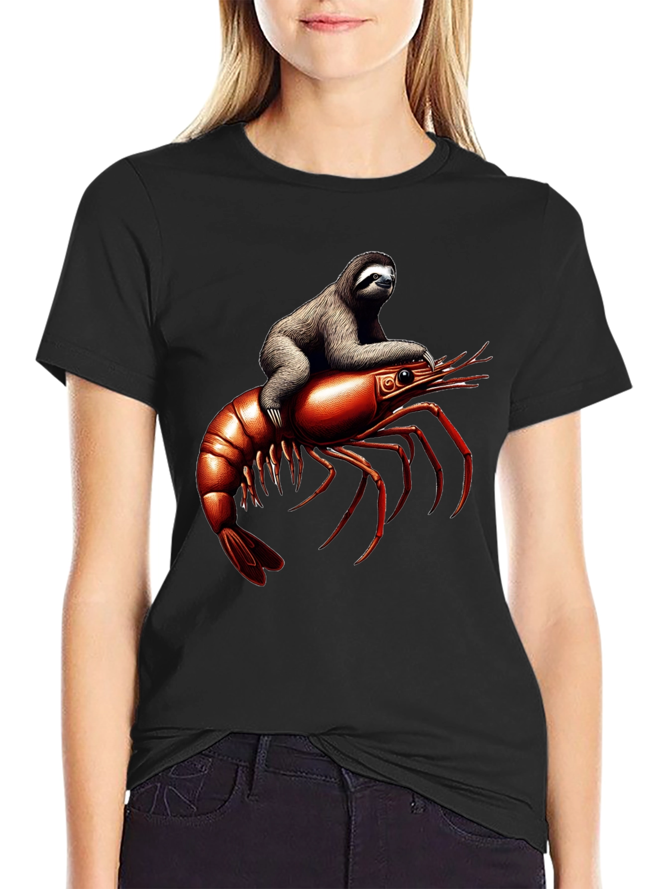 Black Sloth Riding Shrimp T-Shirt view 2