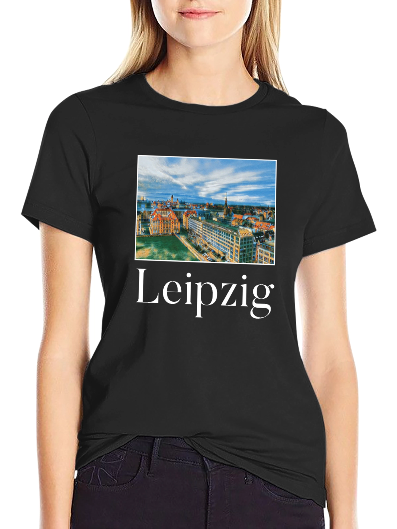 Black Leipzig Cityscape Graphic T-Shirt view 2