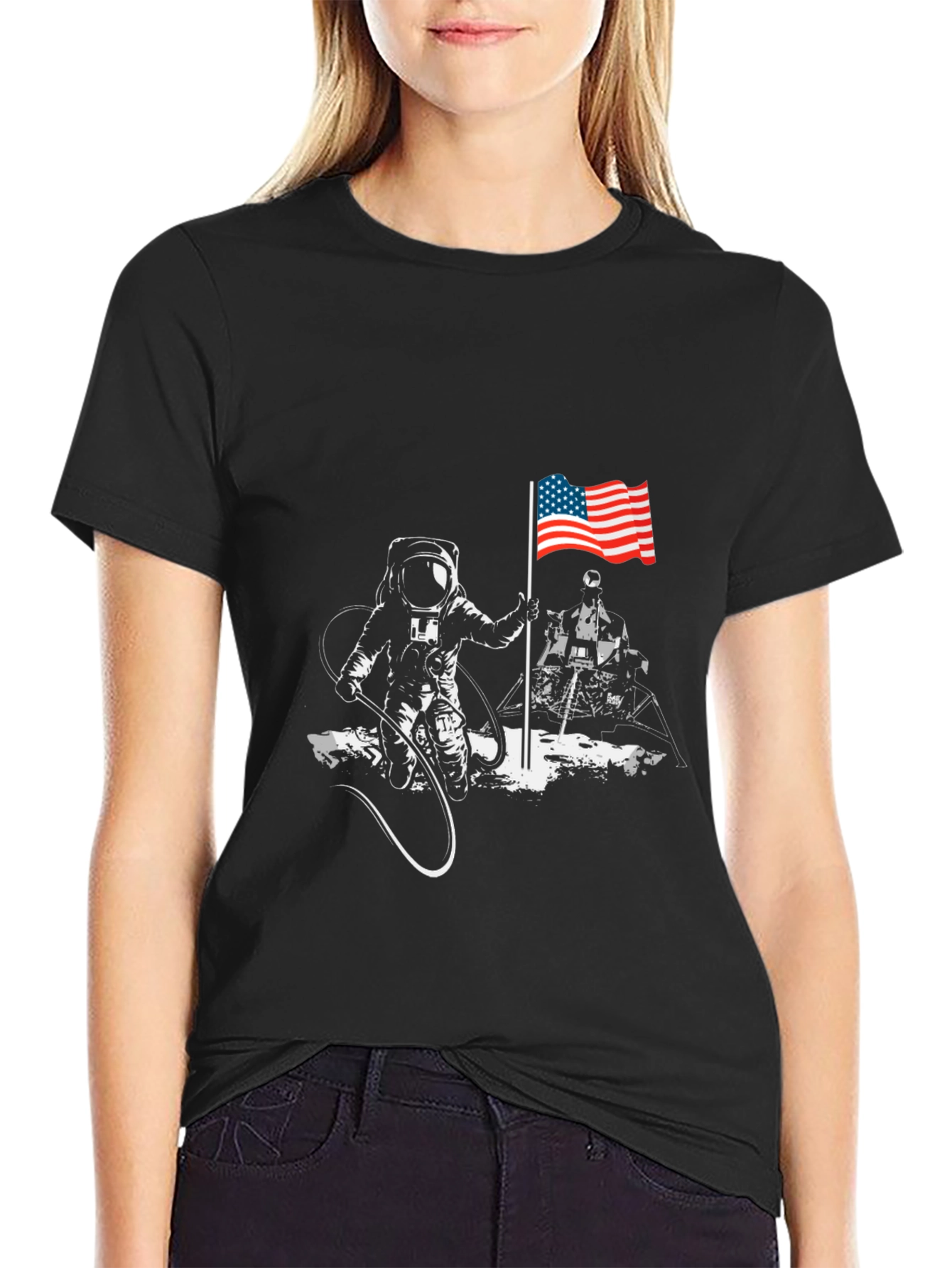 Black Astronaut American Flag T-Shirt - Space Exploration Tee view 2