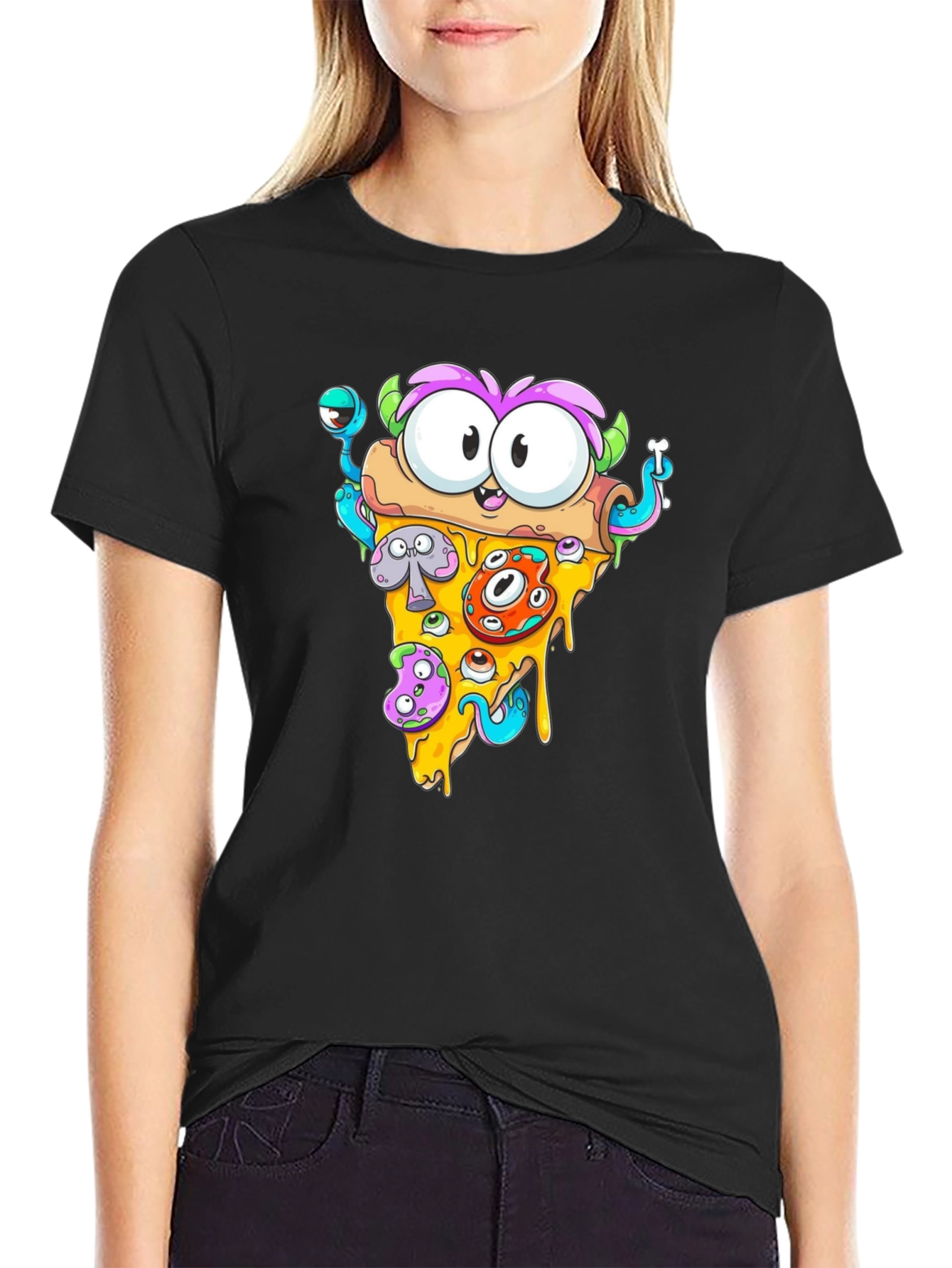 Black Pizza Monster Graphic Tee - Quirky Black T-Shirt view 2