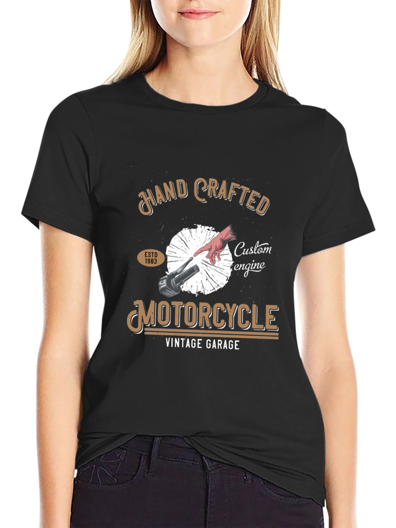 Black Hand Crafted Motorcycle Vintage Garage Tee view 2