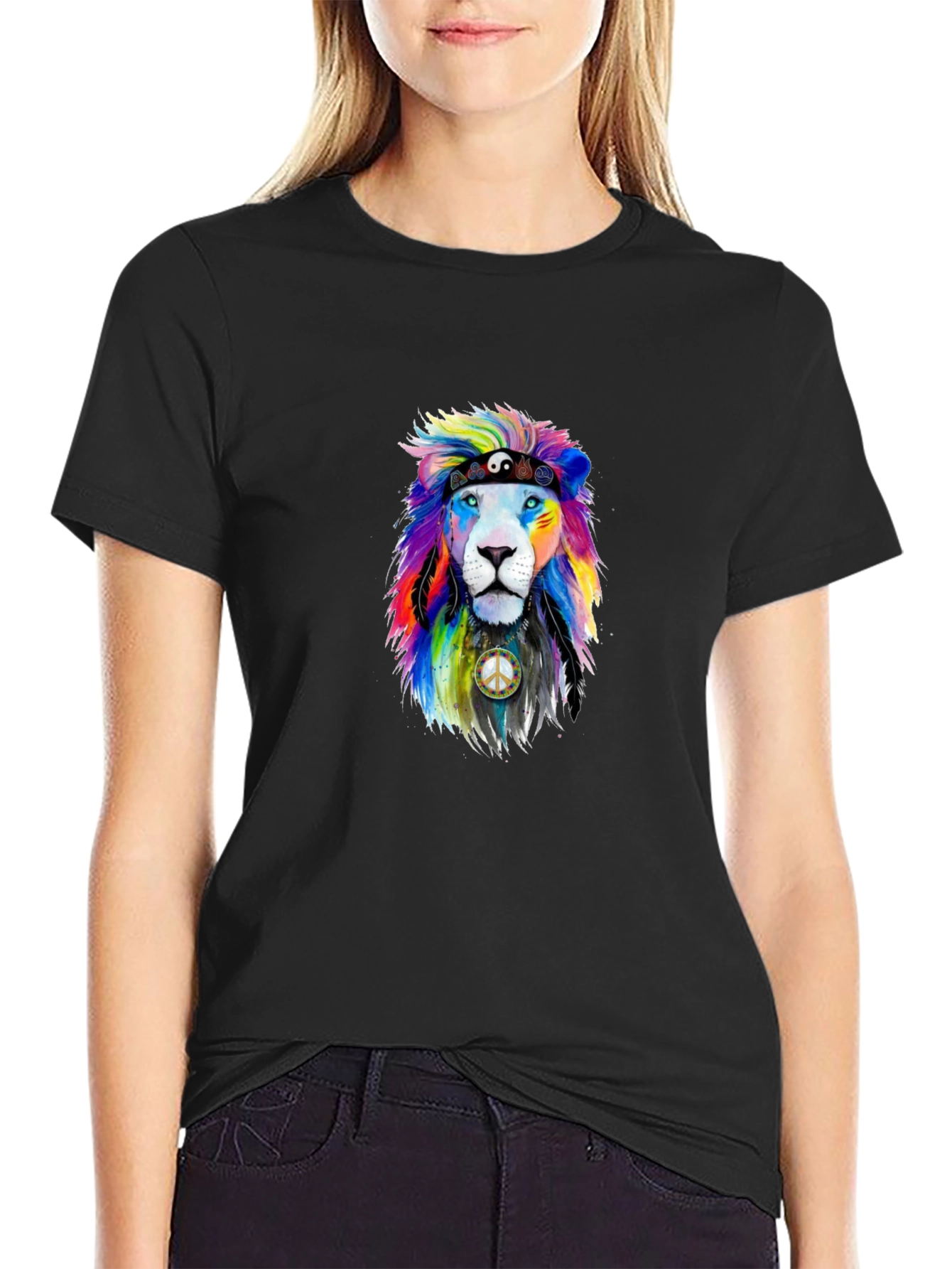 Black Rainbow Lion Peace Sign Graphic Tee view 2