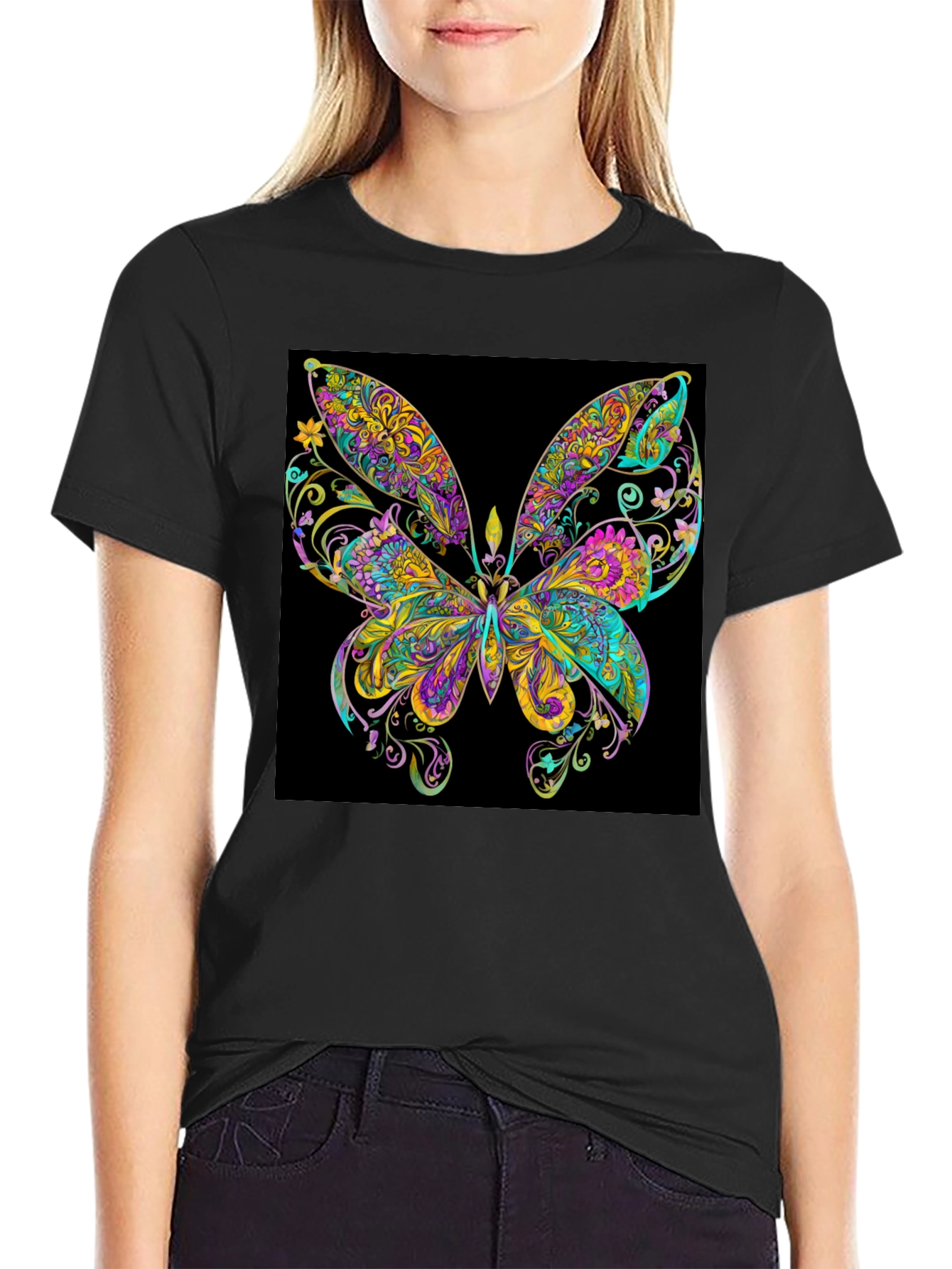 Black Psychedelic Butterfly Graphic Black T-Shirt view 2