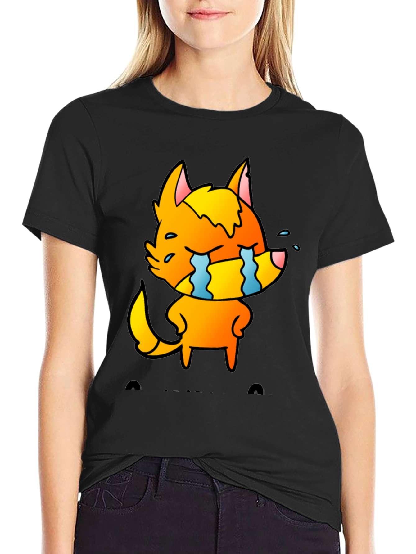 Black Cartoon Crying Fox Graphic Tee - Black view 2
