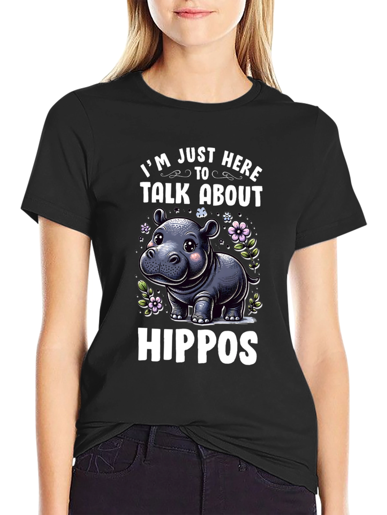 Black Hippo Lover T-Shirt - I'm Just Here To Talk About Hippos view 2