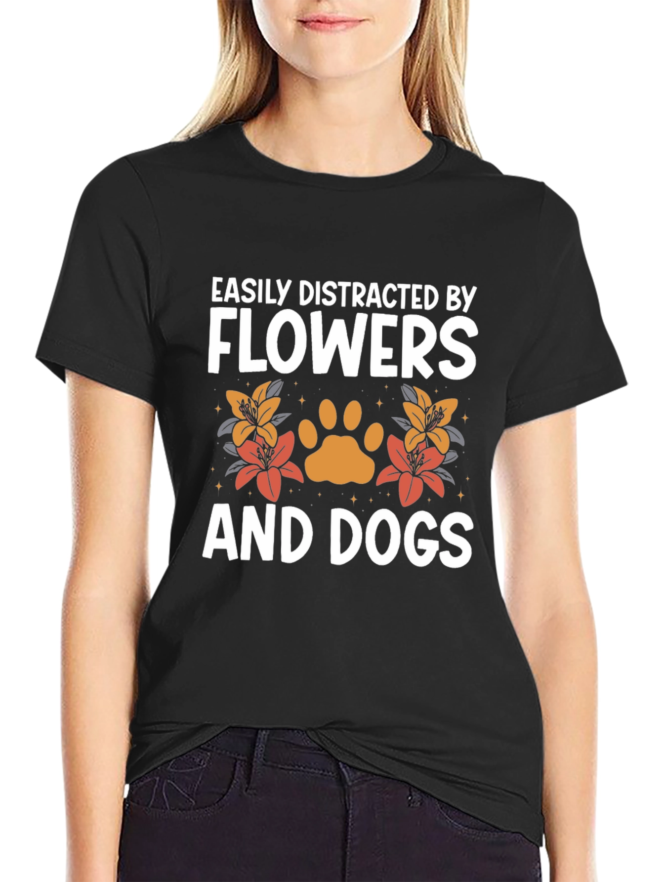 Black Easily Distracted by Flowers and Dogs Tee view 2