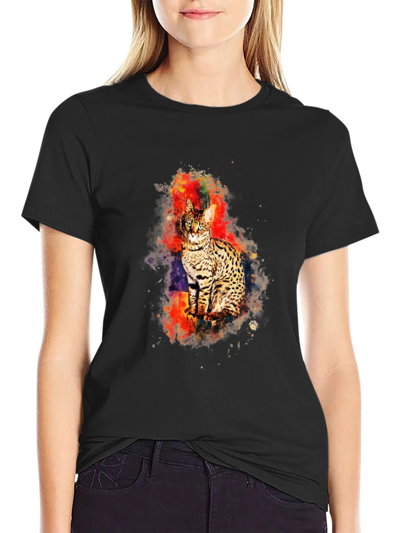 Black Savannah Cat Watercolor Graphic T-Shirt view 2