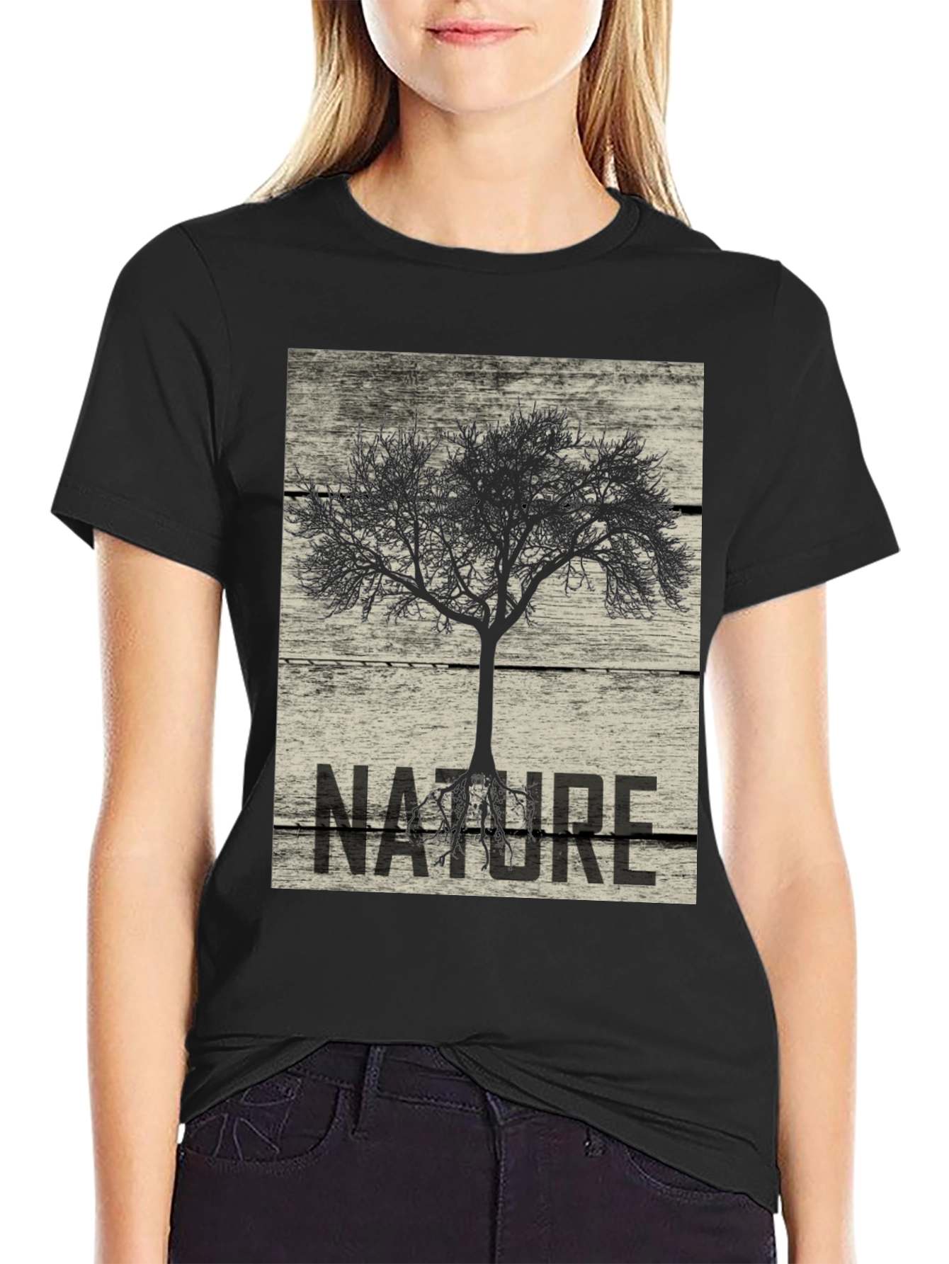 Black Nature Tree Graphic Tee - Black Cotton T-Shirt view 2