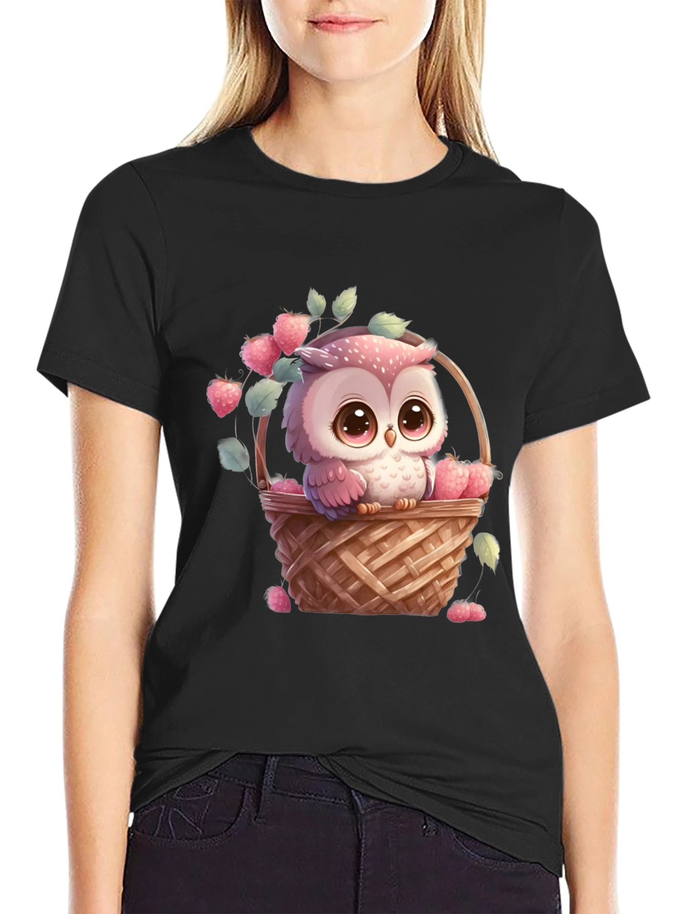 Black Owl in Basket T-Shirt: Cute Cartoon Graphic Tee view 2