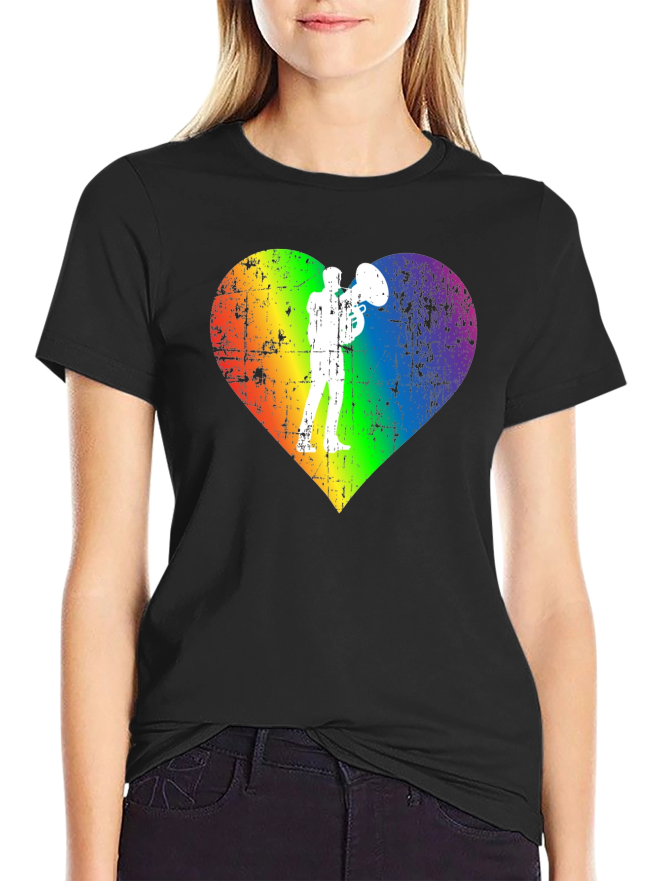 Black Rainbow Heart Tuba Player Black T-Shirt view 2