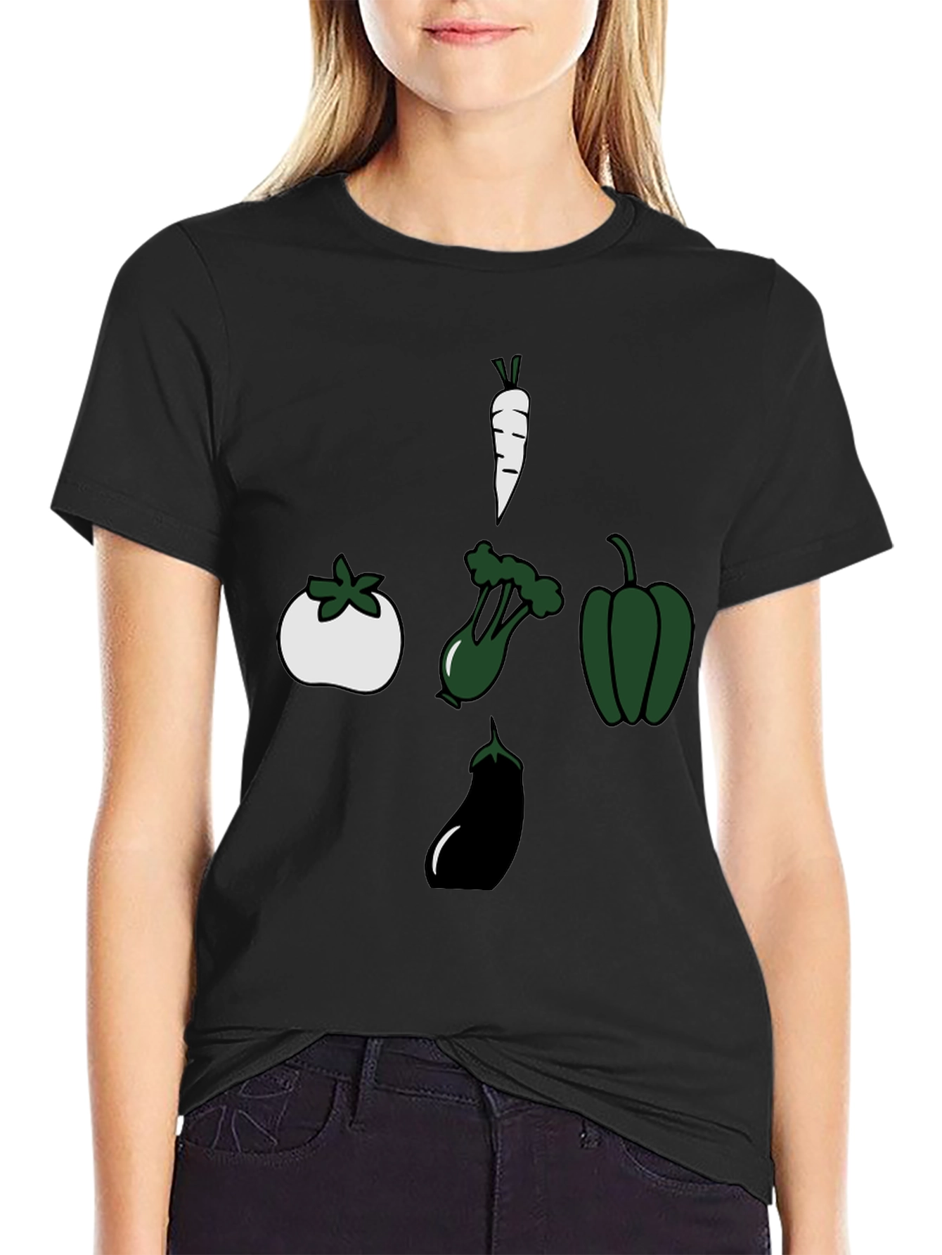 Black Veggie Cross T-Shirt: Carrot, Tomato, Eggplant, Pepper view 2