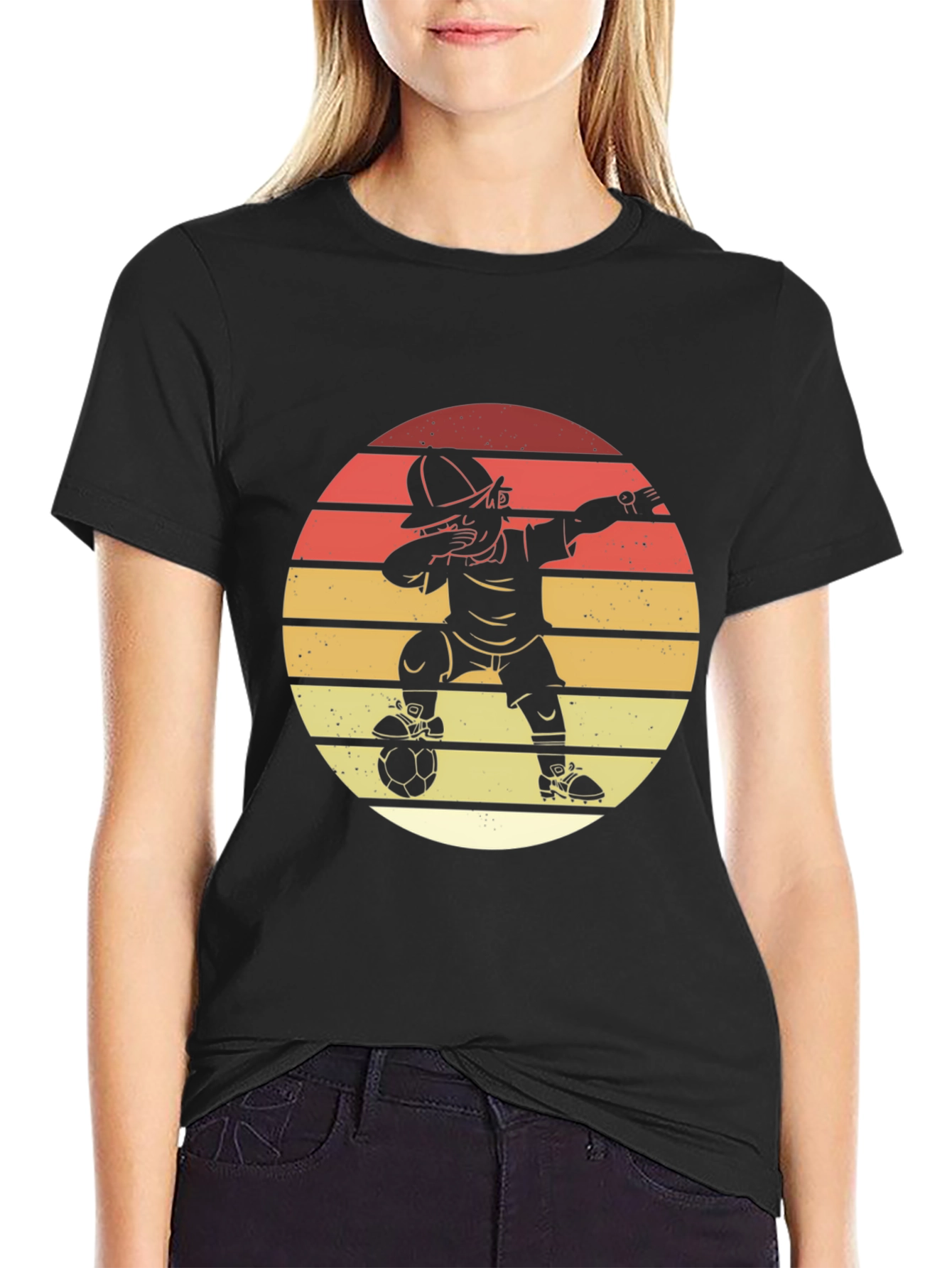 Black Soccer Dab T-Shirt - Retro Sunset Style view 2