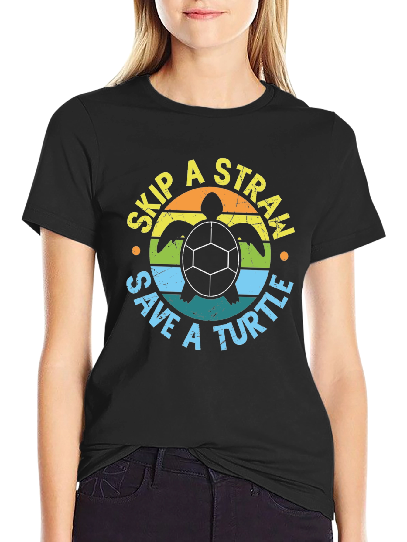 Black Skip a Straw Save a Turtle Graphic Tee view 2