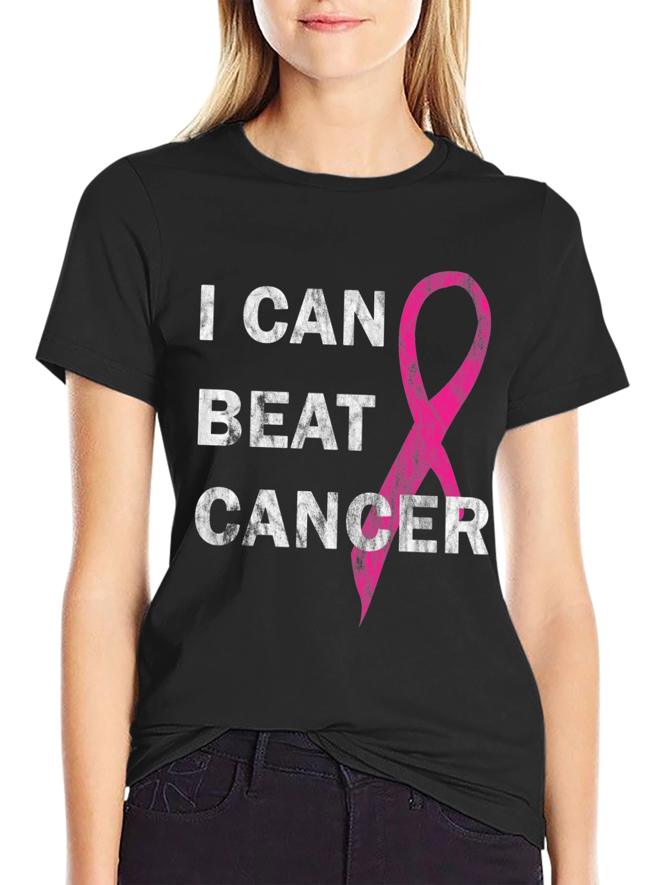 Black I Can Beat Cancer Awareness T-Shirt view 2