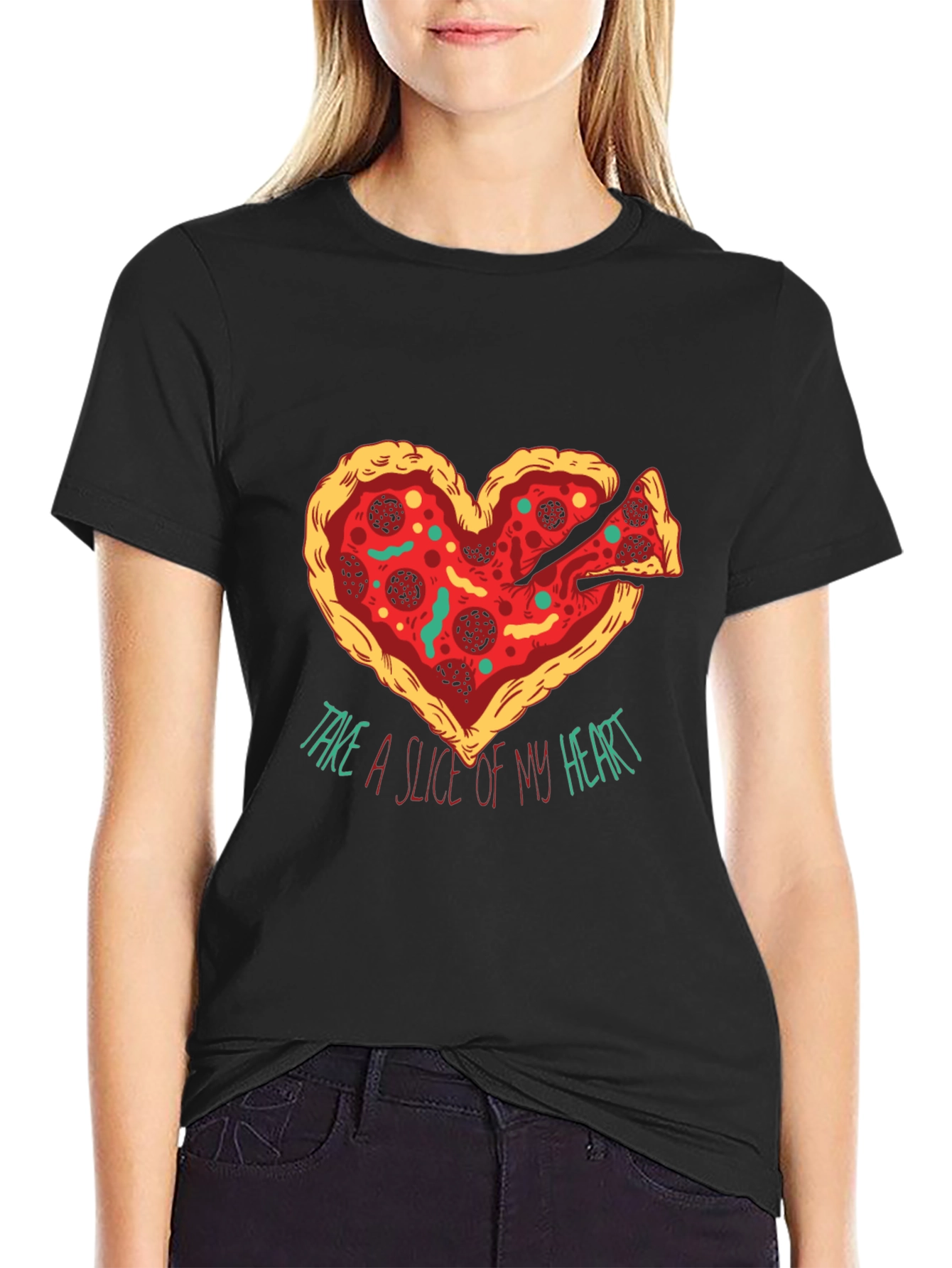 Black Pizza Heart Graphic T-Shirt: Take a Slice view 2