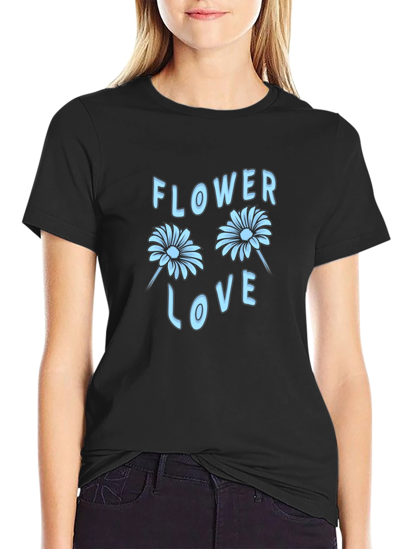 Black Flower Love Graphic Tee - Stylish Black T-Shirt view 2