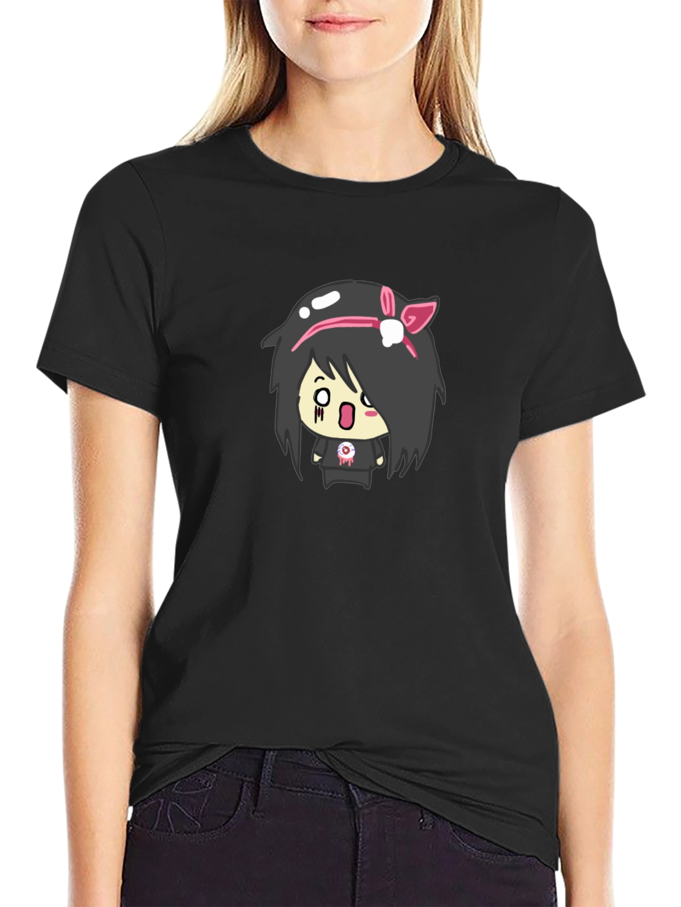 Black Emo Girl Graphic Black T-Shirt view 2