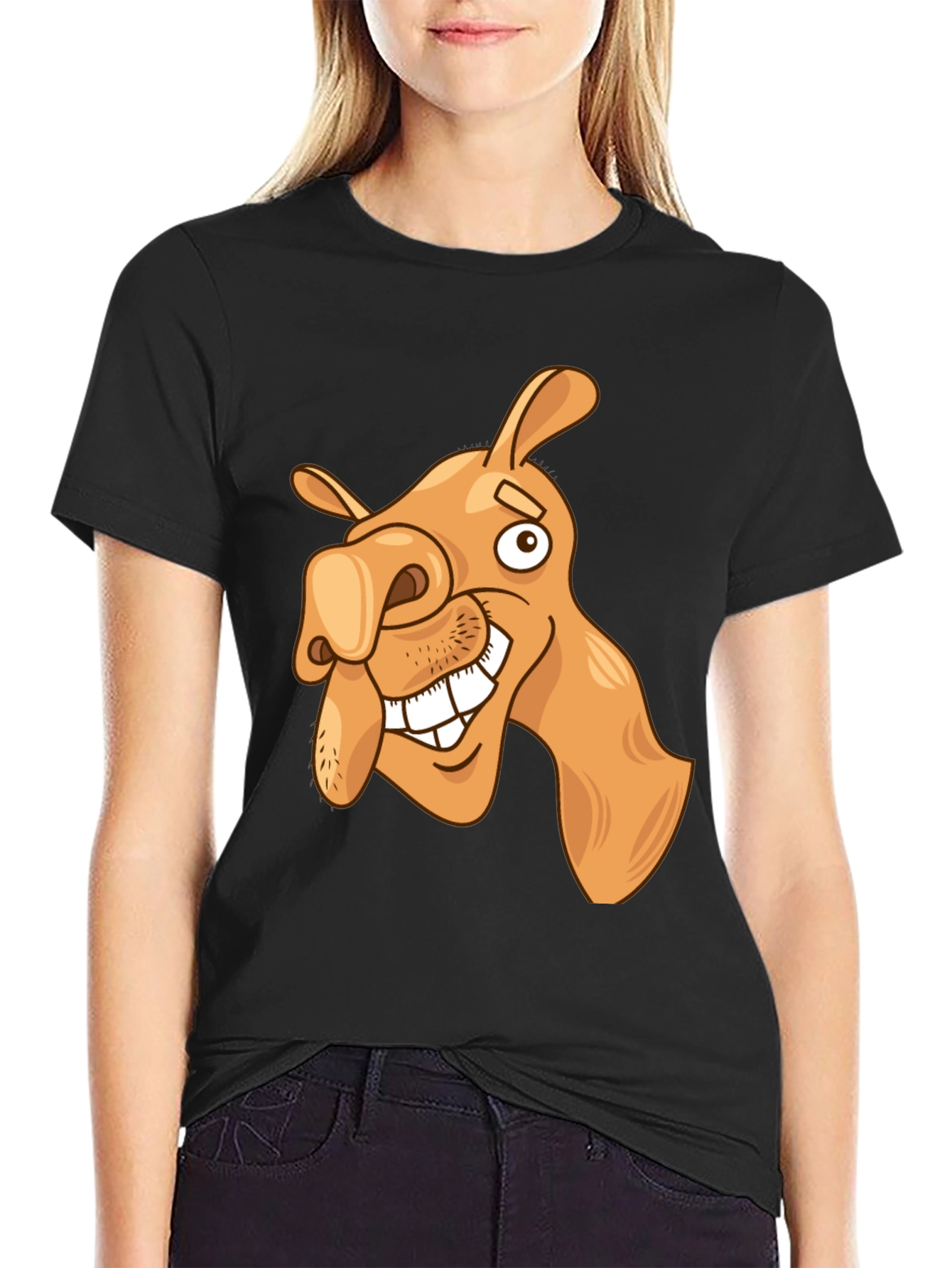 Black Funny Camel Cartoon Graphic Black T-Shirt view 2