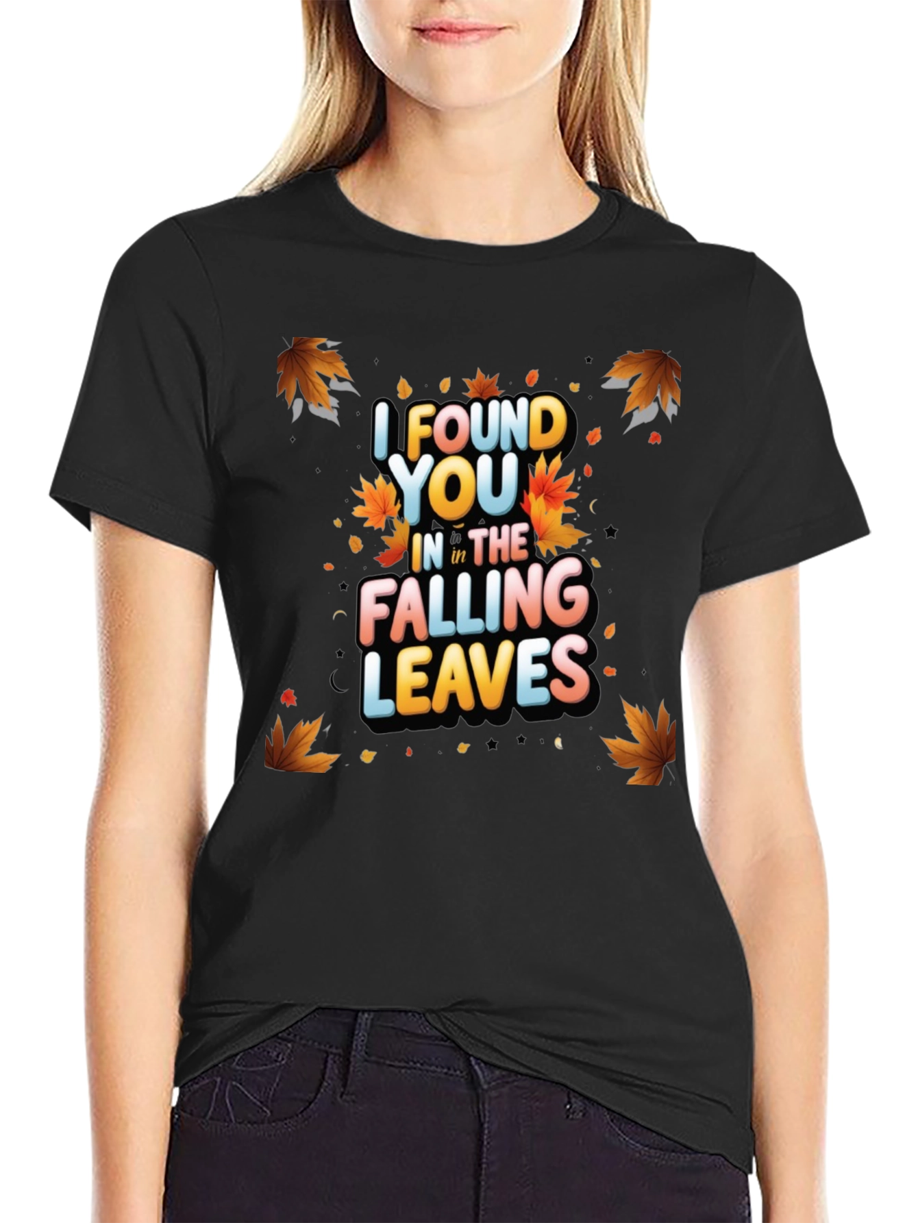 Black Falling Leaves Graphic Tee - Autumn Romance T-Shirt view 2