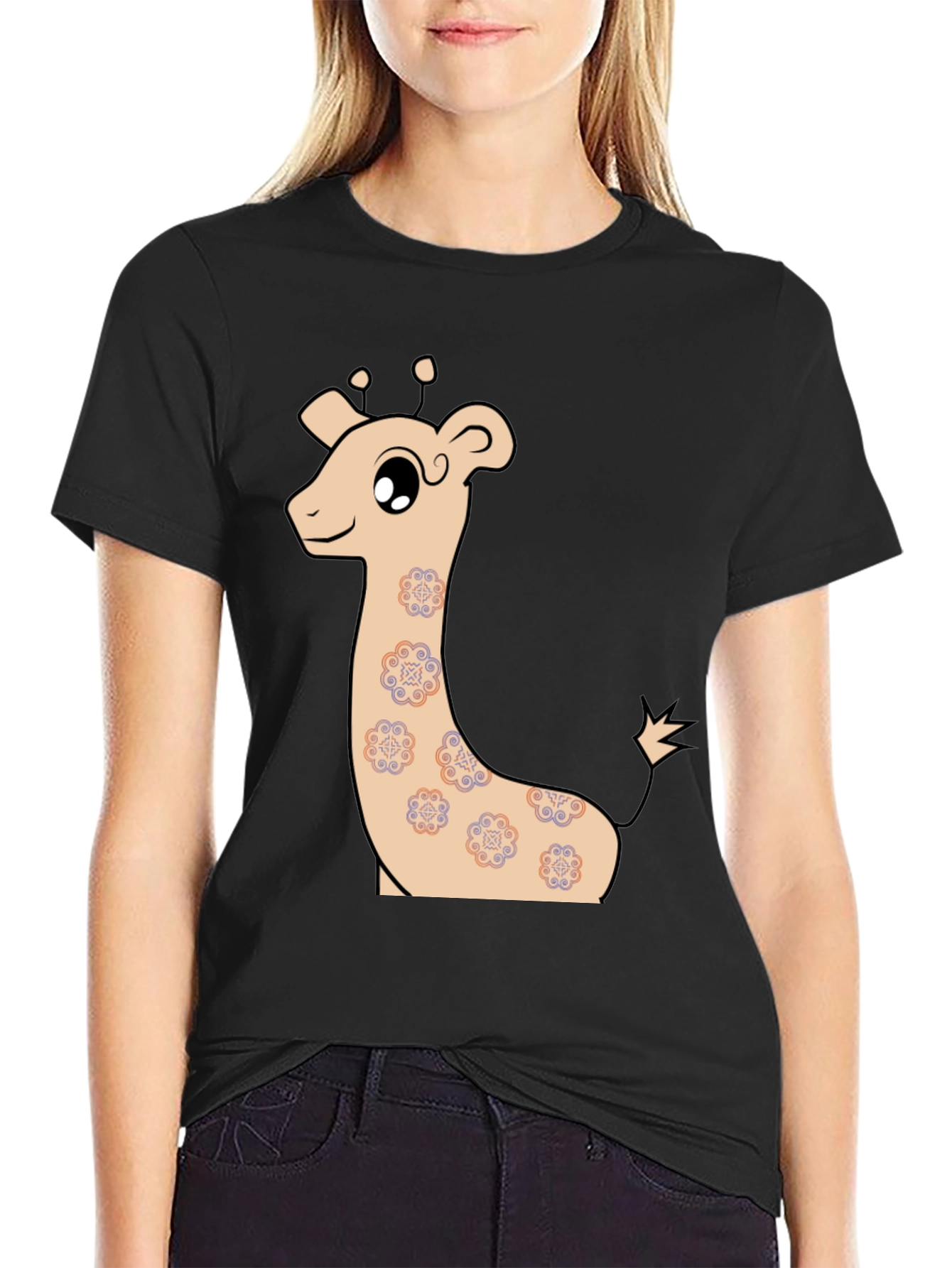 Black Cute Giraffe Graphic T-Shirt view 2