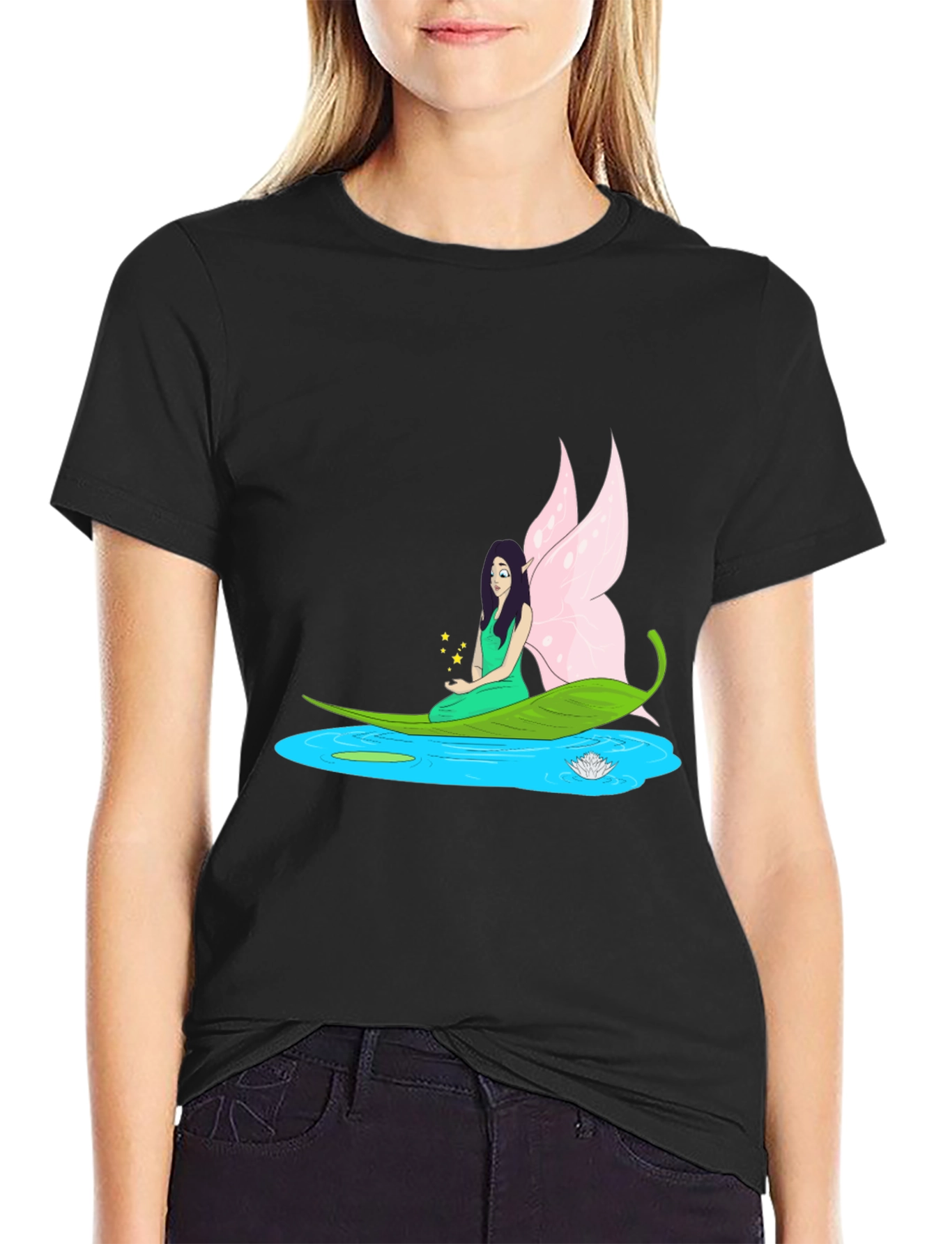 Black Fairy Water Lily Leaf Boat Black T-Shirt view 2