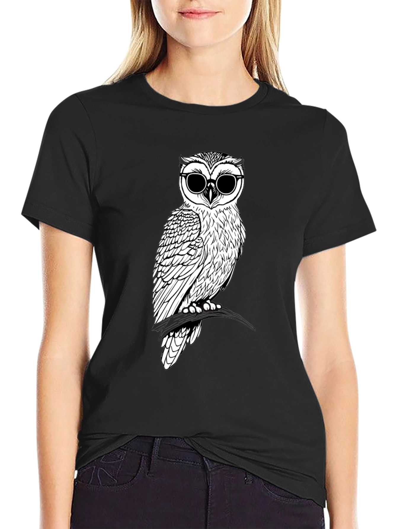 Black Cool Owl Graphic Tee - Black Cotton T-Shirt view 2