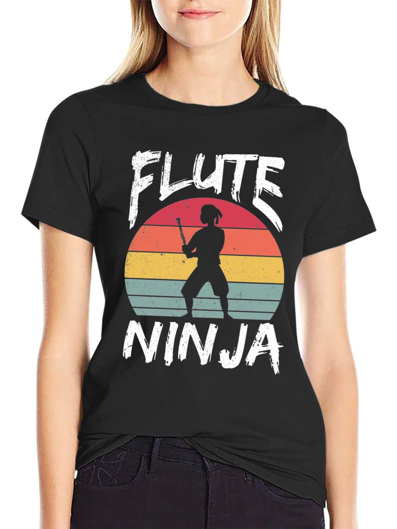 Black Flute Ninja Graphic T-Shirt - Retro Music Tee view 2