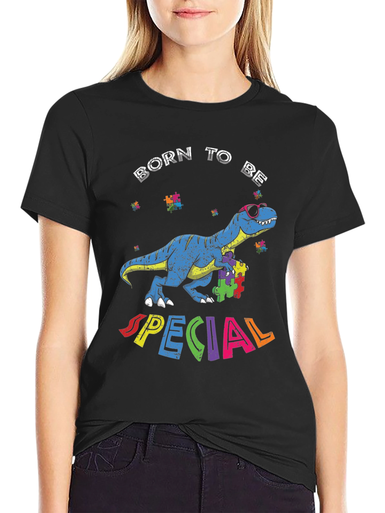 Black Born to Be Special Autism Awareness Dinosaur T-Shirt view 2