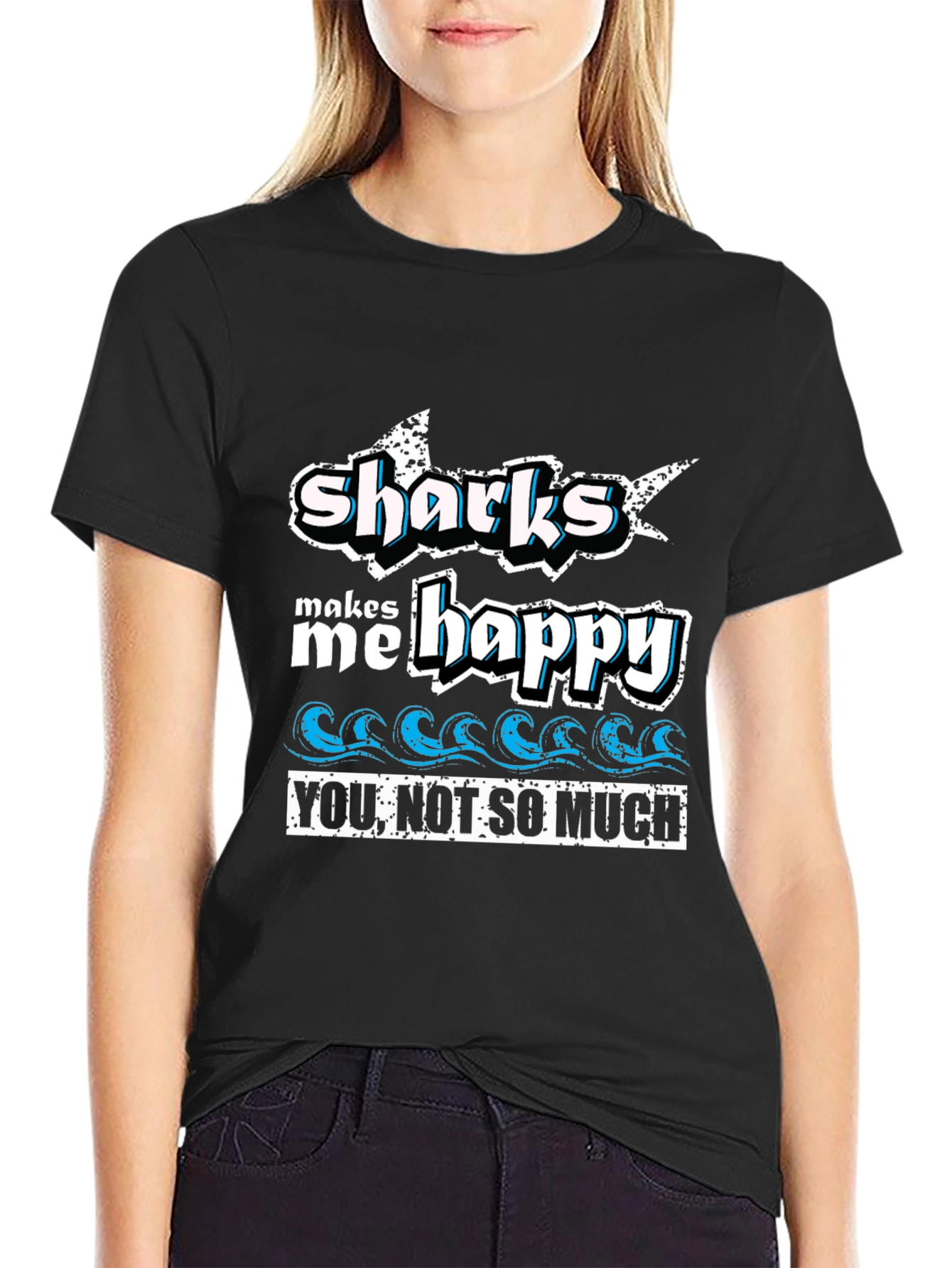 Black Sharks Make Me Happy Tee - Ocean Lover's Humor view 2