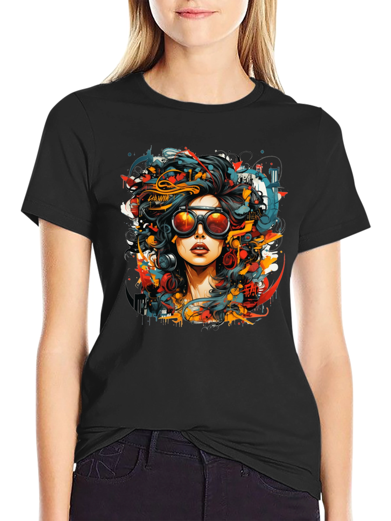 Black Abstract Woman Graphic Tee - Black Cotton T-Shirt view 2