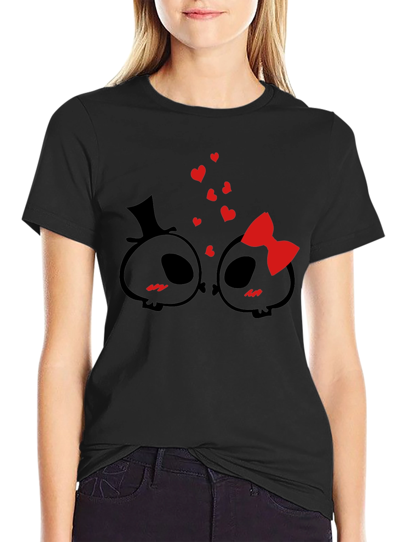 Black Cute Skull Couple Valentine's Day T-Shirt view 2