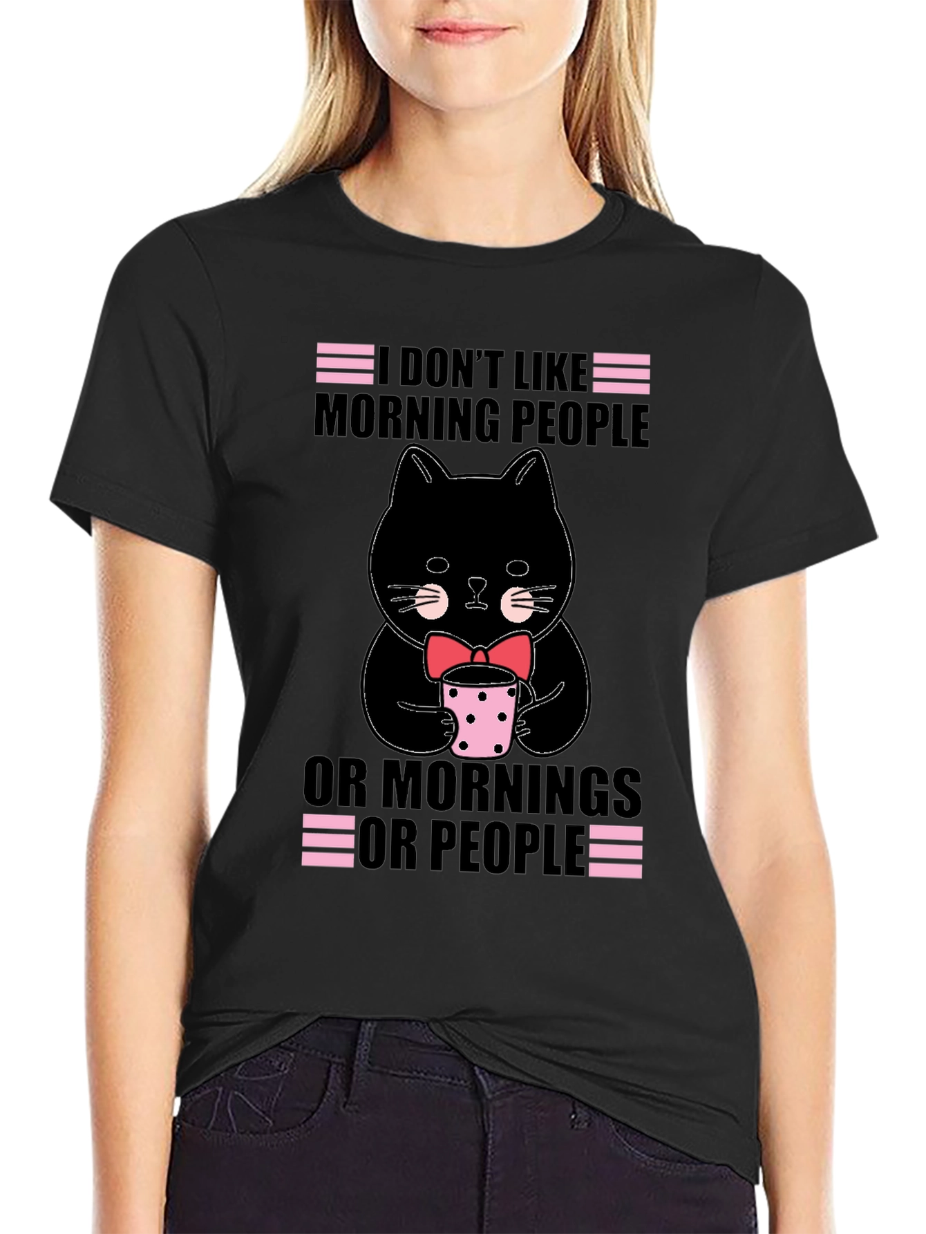 Black Funny Cat T-Shirt - I Don't Like Morning People view 2